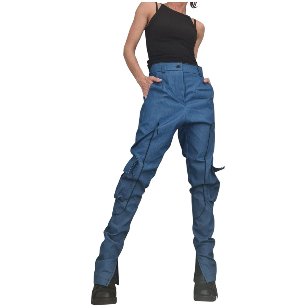 Extravagant Cargo Denim Pants, Fitted Sexy Casual Pants, Outer pockets, New collection