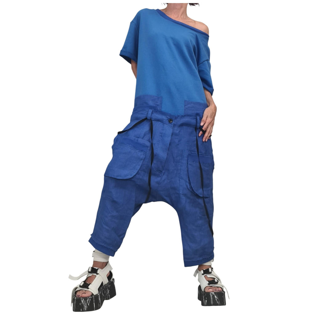 Blue Linen Harem Jumpsuit, Asymmetric Loose Overall, Wide Leg Drop Crotch Summer Romper