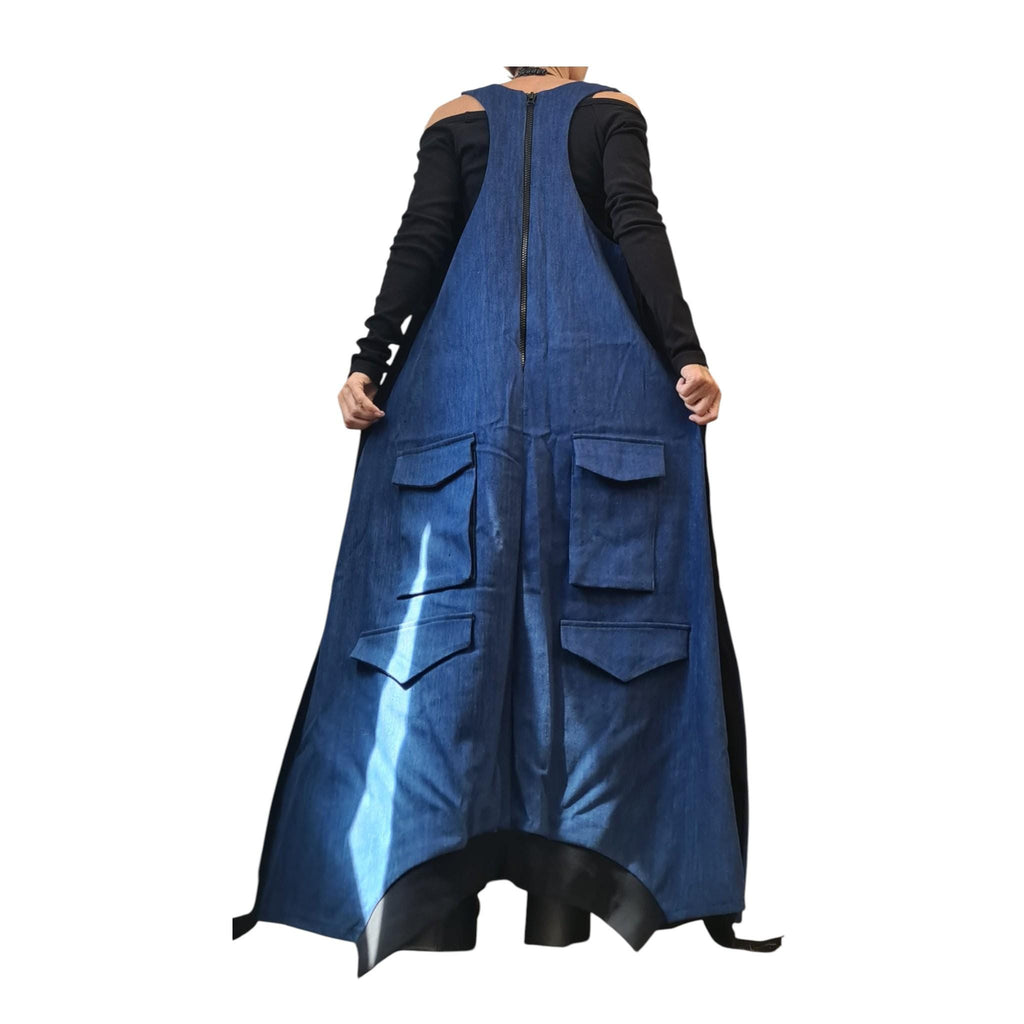 Denim Maxi Dress, Cargo Sleeveless Asymmetric Dress
