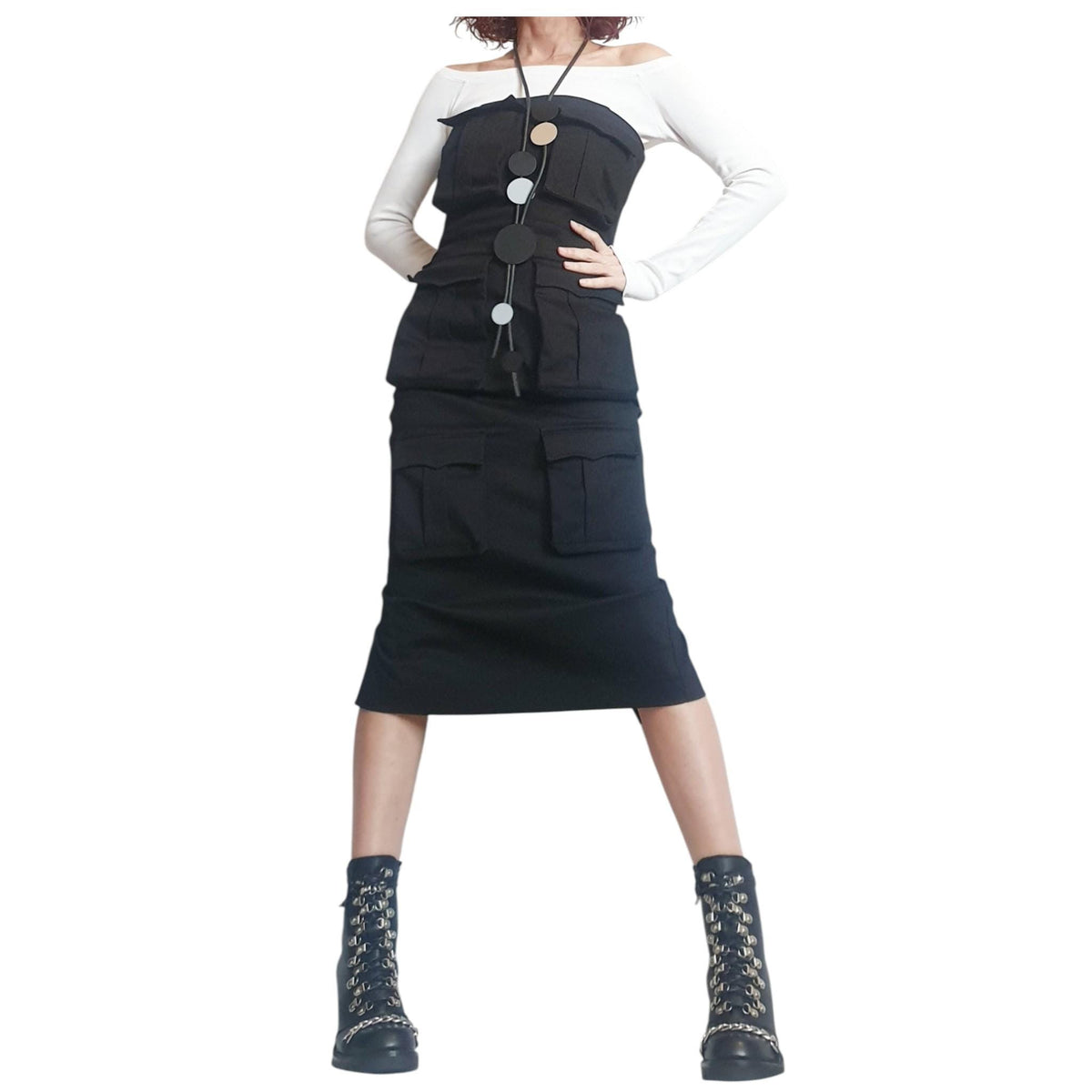 Black Denim Pocket Dress, Gothic Asymmetric Cocktail Fit, Extravagant Design