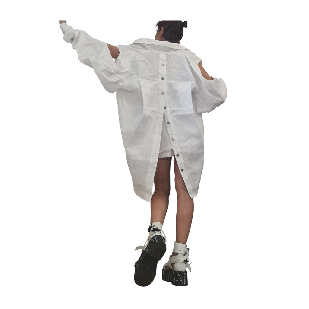 White Linen Avant Garde Women Set, Asymmetric Open Back Shirt, Layered Shorts Skirt