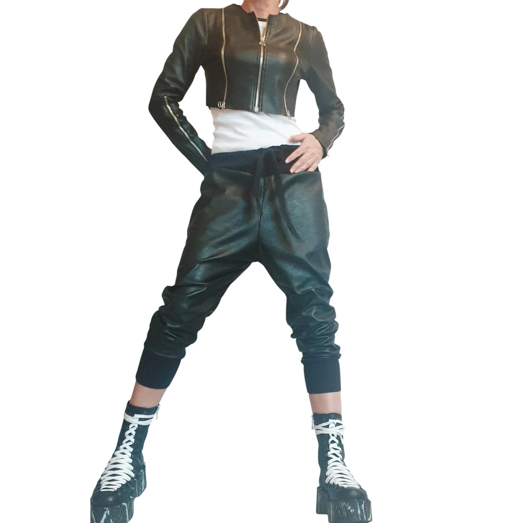 Black Faux Leather Cropped Jacket, Fitted Long Sleeve Bolero, Multiple Zipper Details