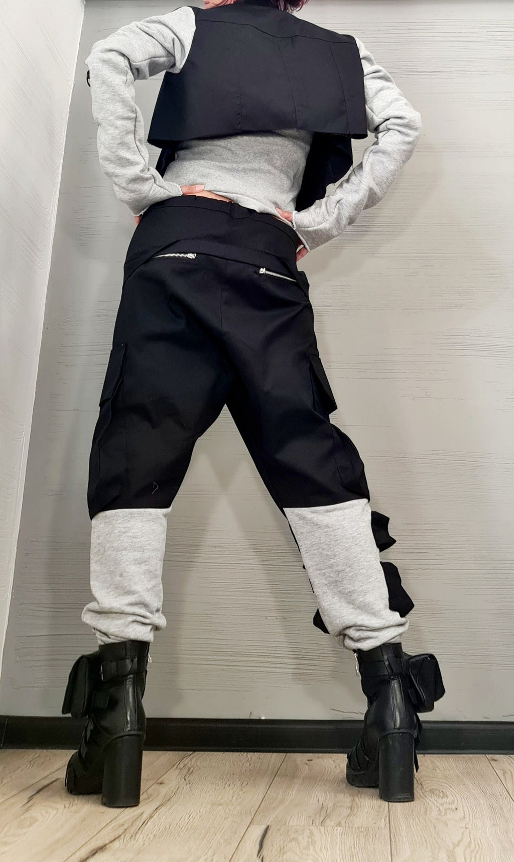 Black Cotton Harem Pants, Asymmetrical Jacket with Grey French Terry Sleeves, Two-Piece Co-Ord Set