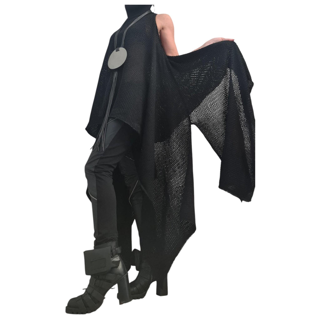 Black Asymmetrical Knit Tunic, High Neck Open Shoulder Sweater, Plus Size Top
