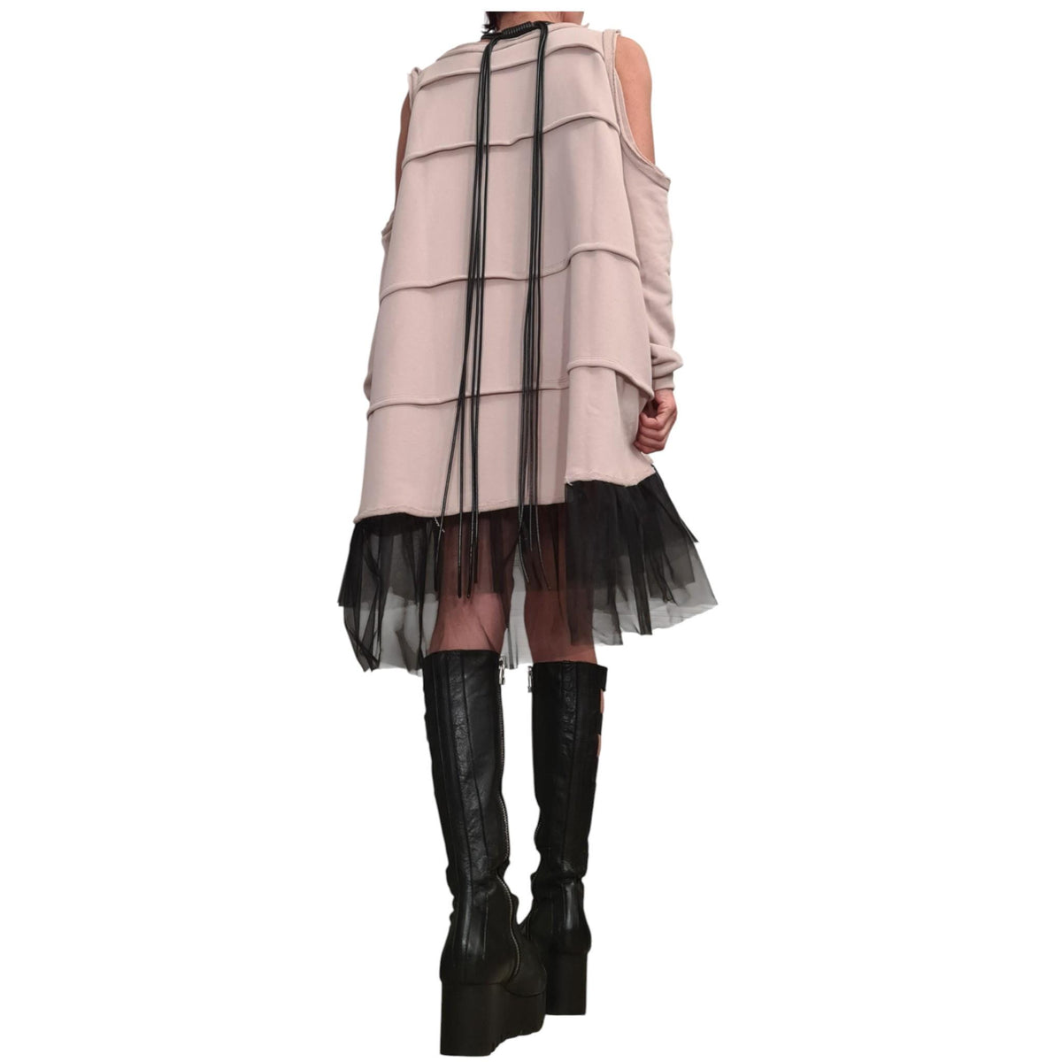 Beige Off Shoulder Dress: Asymmetrical Tulle Hem, Removable Sleeves