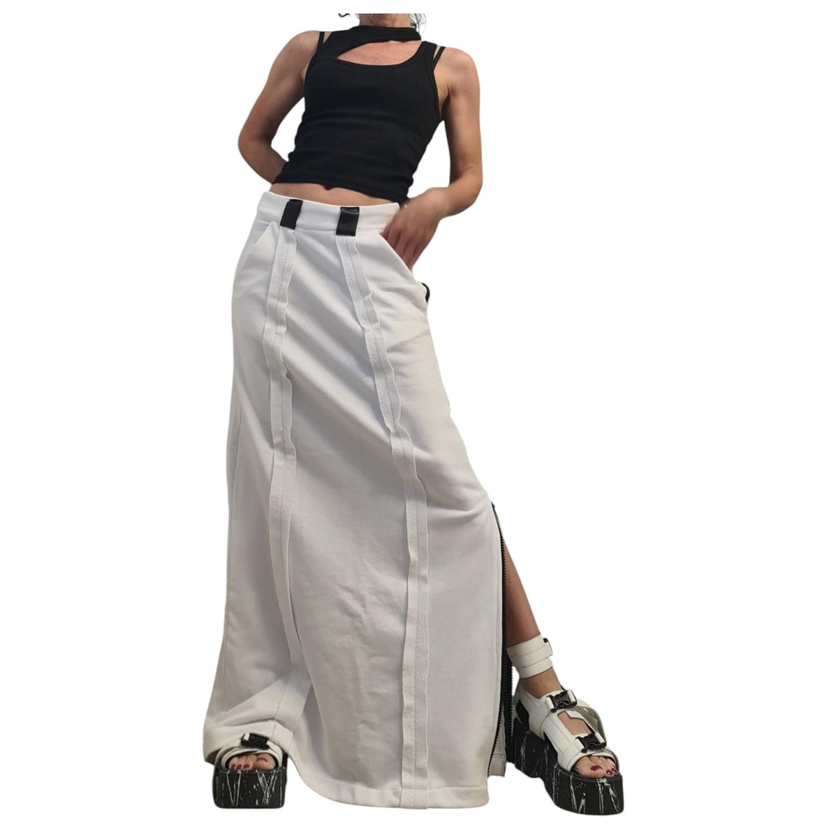 White Maxi Cotton Skirt for Women, Outer Seam, Black Ziperr Detail