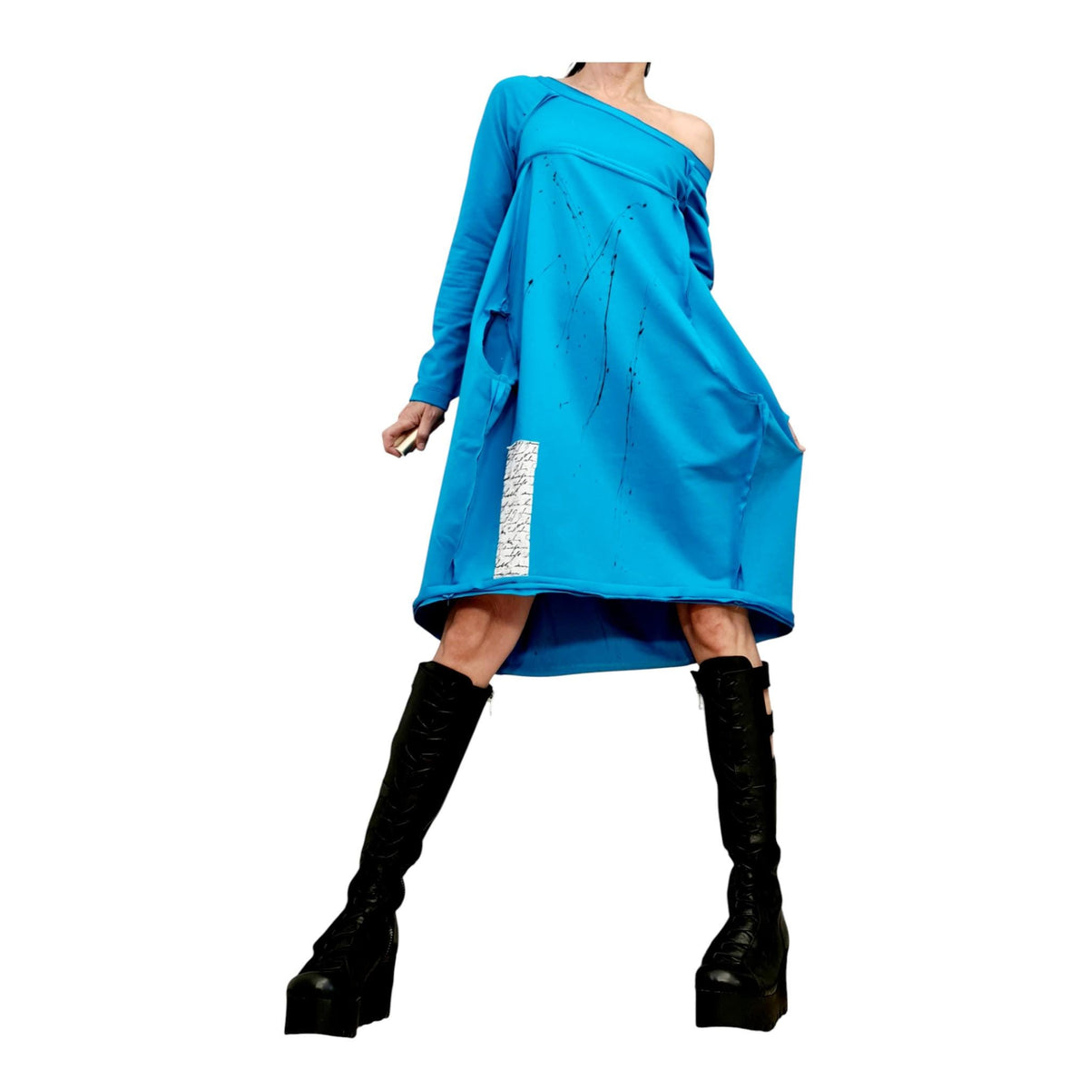 Turquoise Blue French Terry Dress, One Shoulder Oversized Tunic, Asymmetric Shape