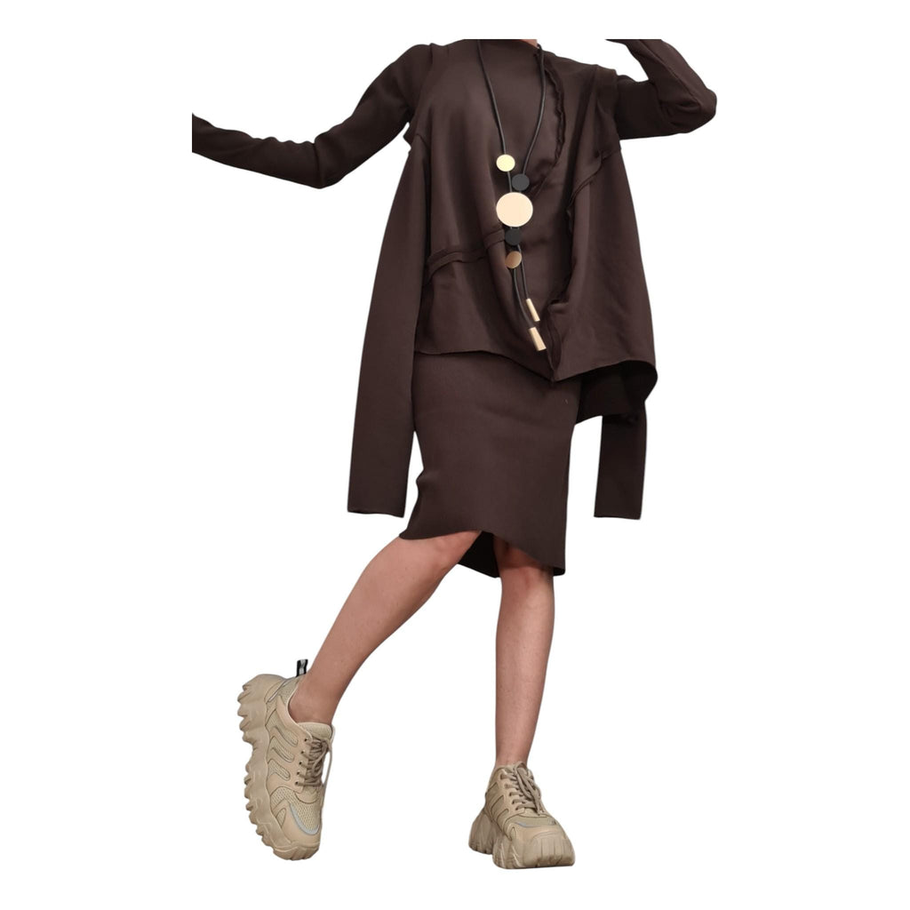 Brown Cotton Bodycon Midi Dress, Oversized Deconstructed Tunic with Detachable Sleeves, Two-Piece Co-Ord Set