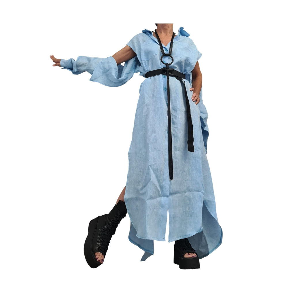 Baby Blue Linen Shirt, Long Asymmetric Kaftan, Open Back, Maxi Loose Summer Oversized Dress