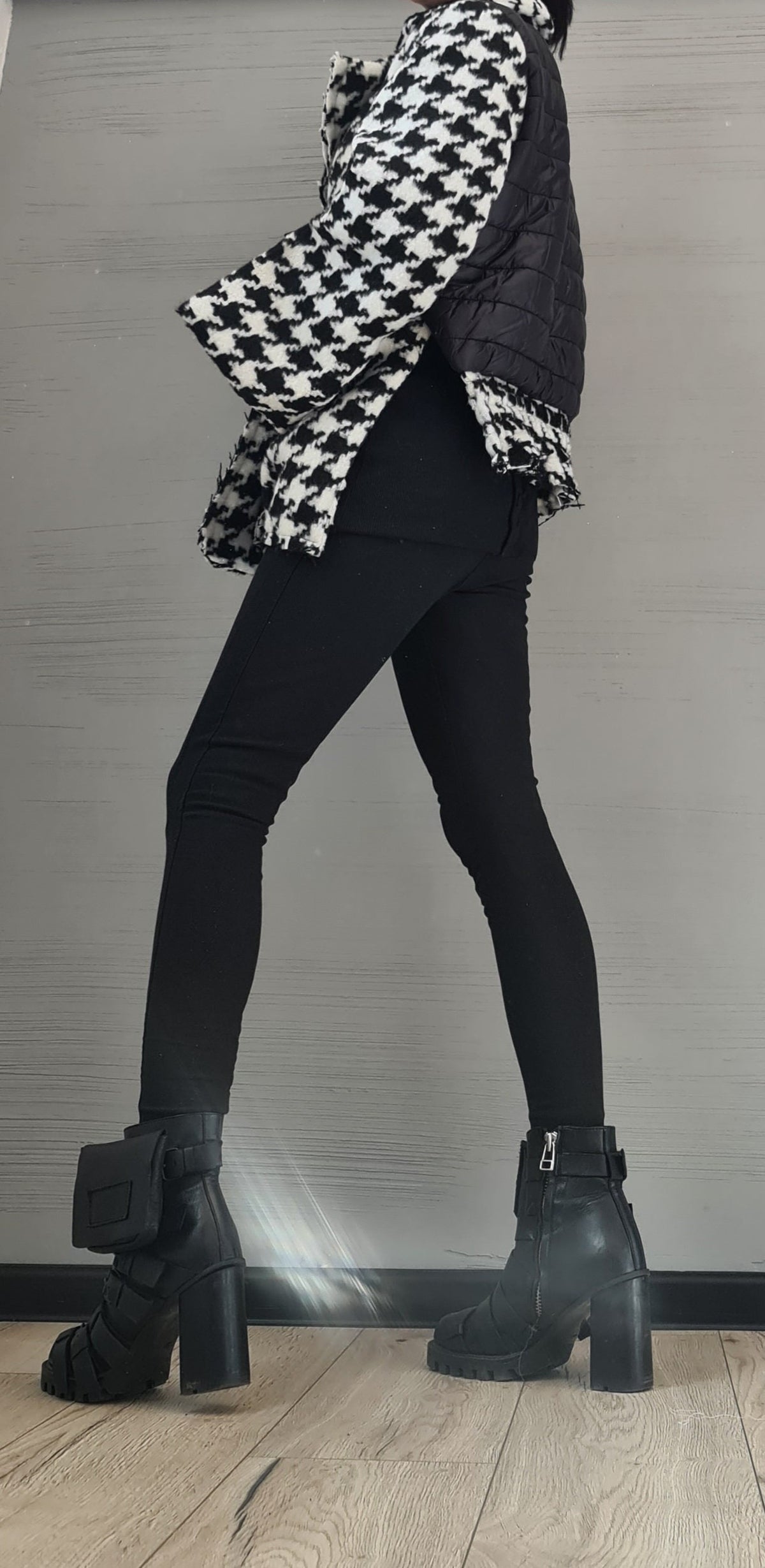 Black and White Houndstooth Wool Coat, Oversized Winter Jacket, Quilted Puffer Lining
