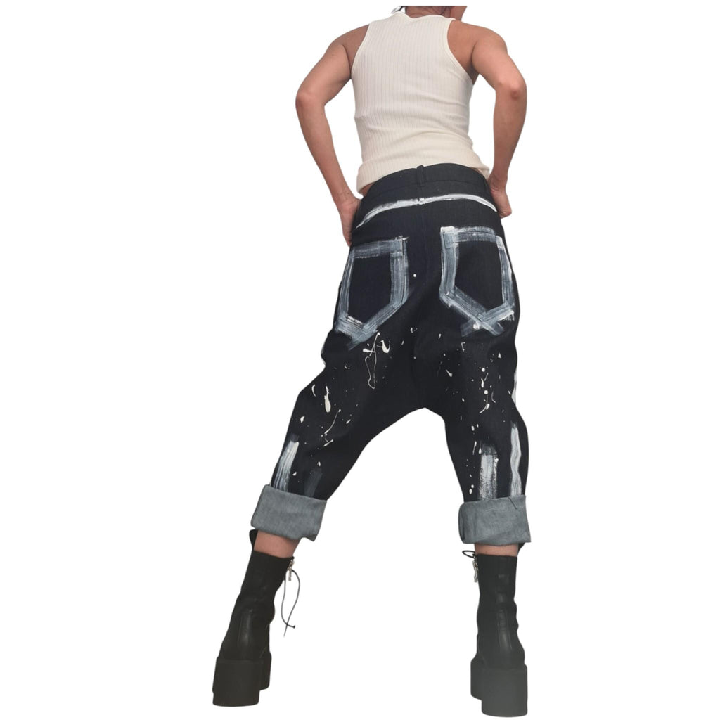 Painted Denim Harem Pants, Boho Baggy Unisex Jeans