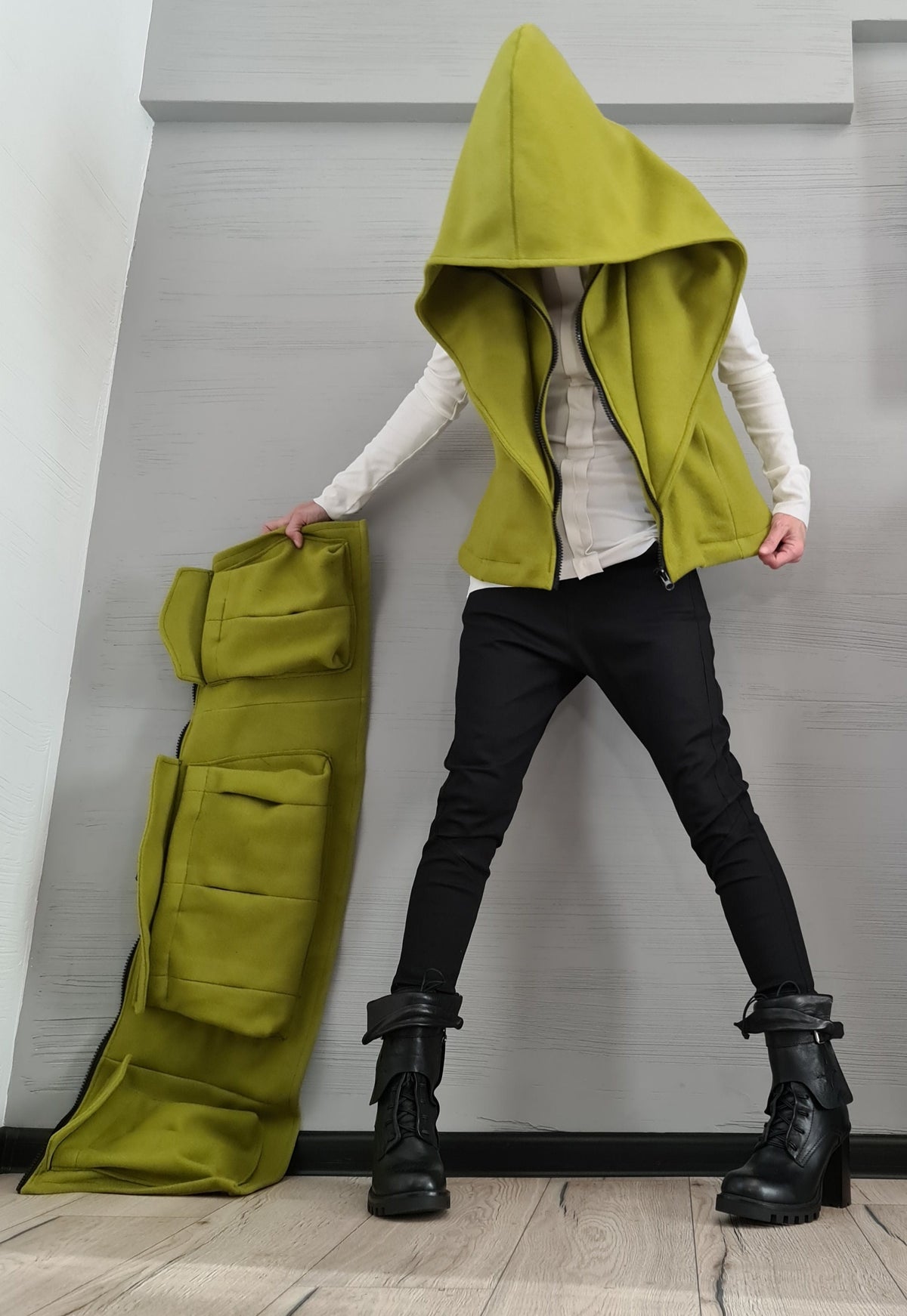 Pistachio Asymmetric Convertible Hooded Vest, Detachable Cargo Pocket Panel, Long or Cropped, Plus Size