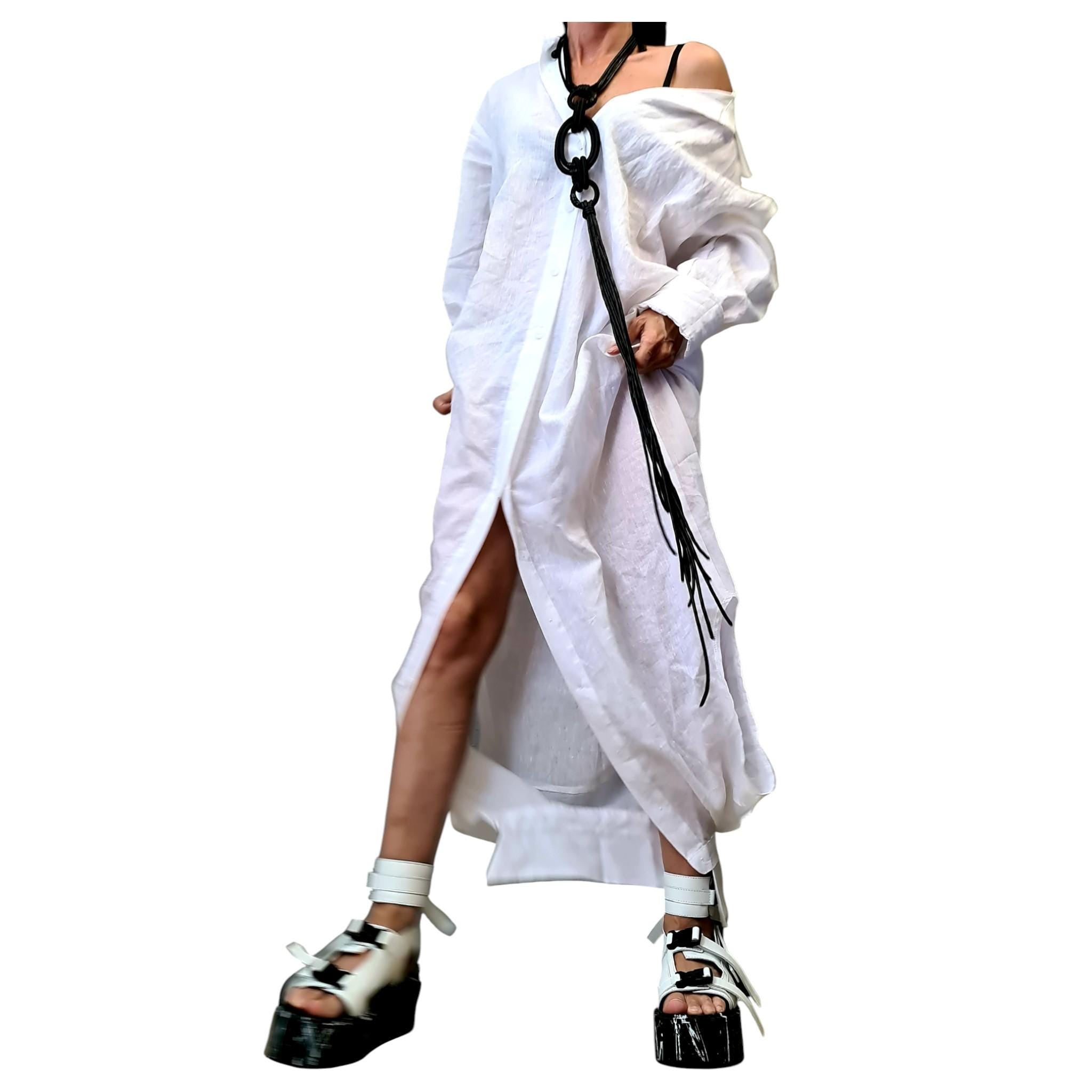 White Linen Deconstructed Shirt Dress, Convertible Tunic, Handmade Asymmetric Top, Women’s Clothing