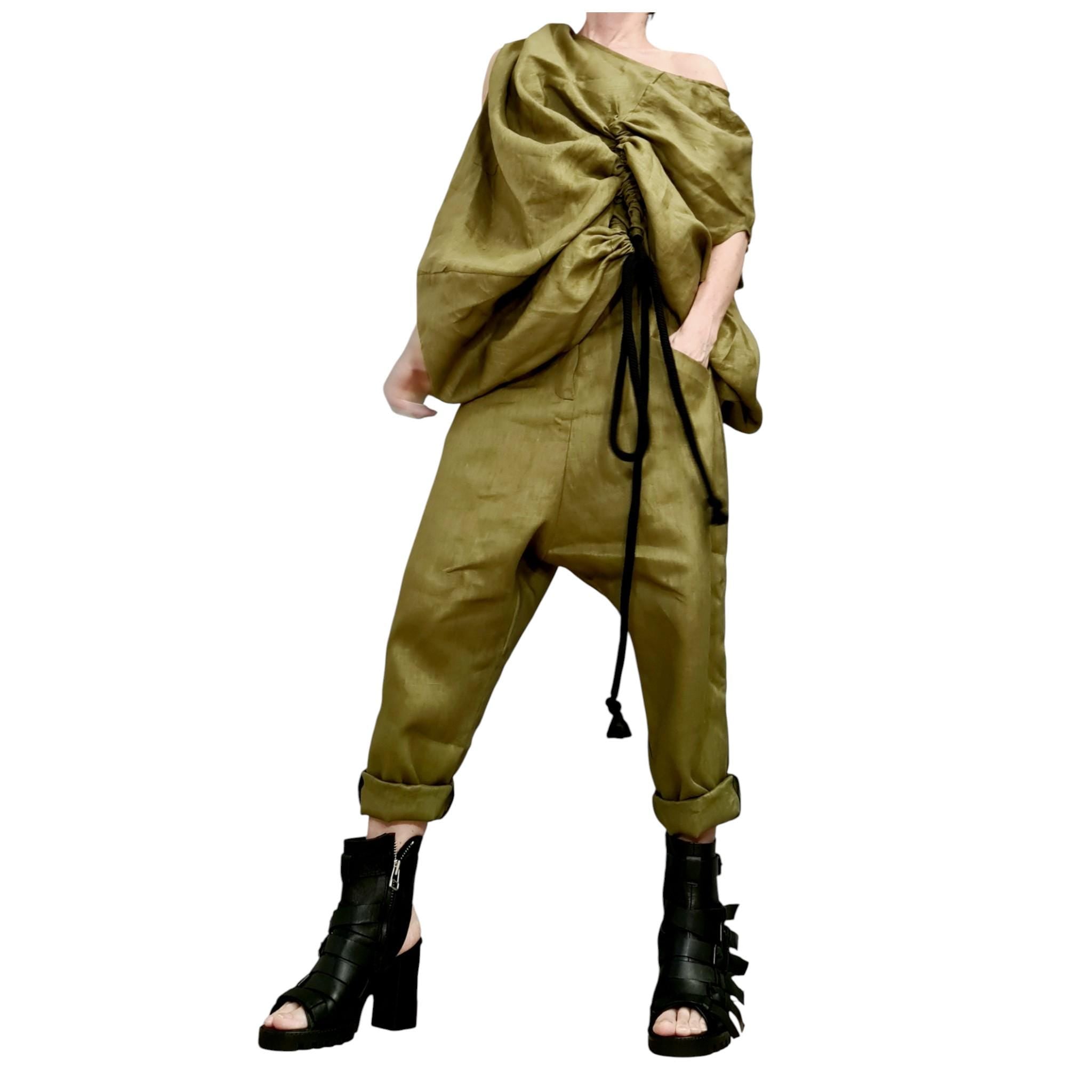 Military Green Linen Set – Avant Garde Drop Crotch Pants and Tunic