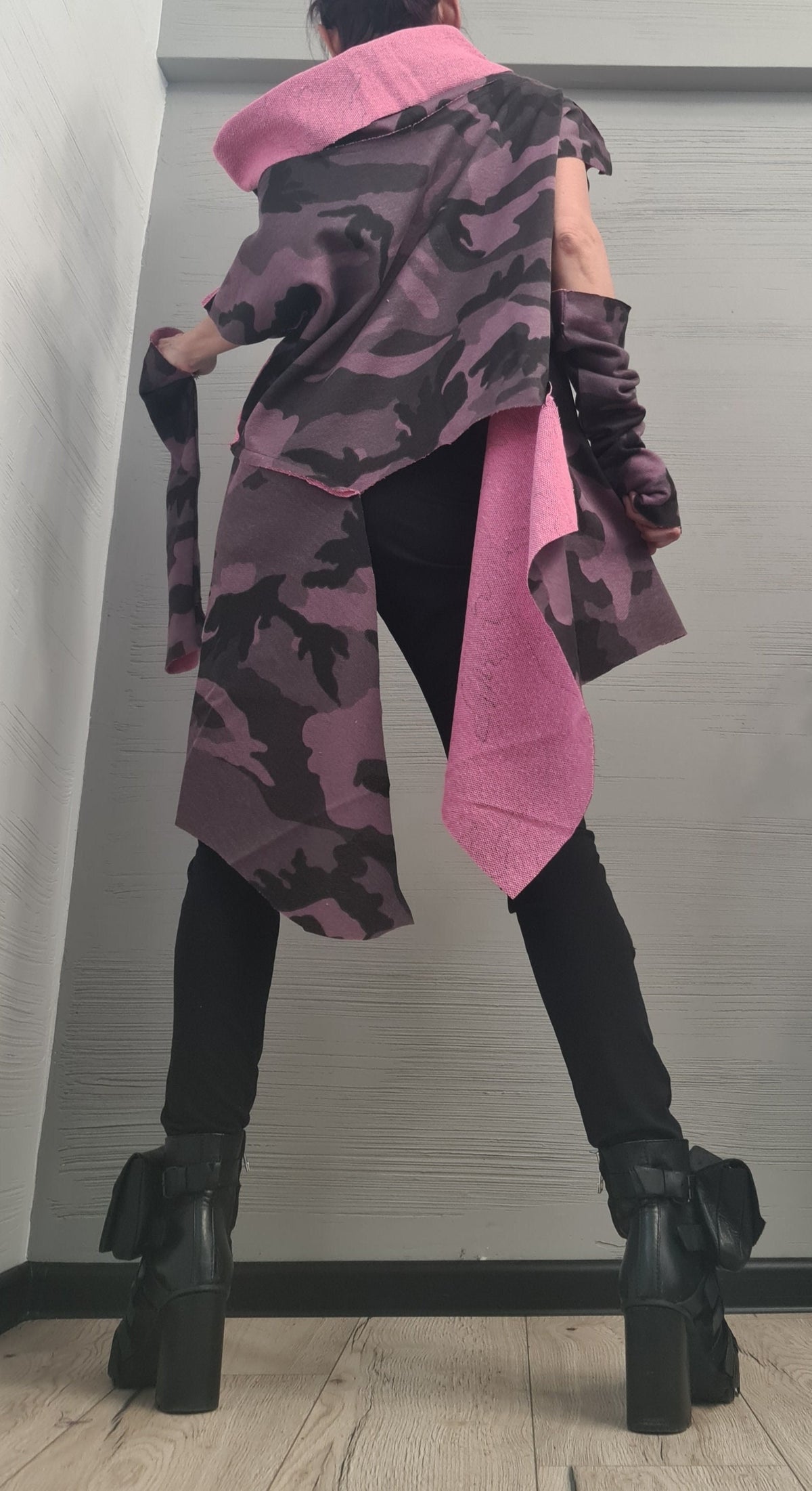 Military Purple Cotton Tunic | Asymmetric One Shoulder Design, Separate Sleeves