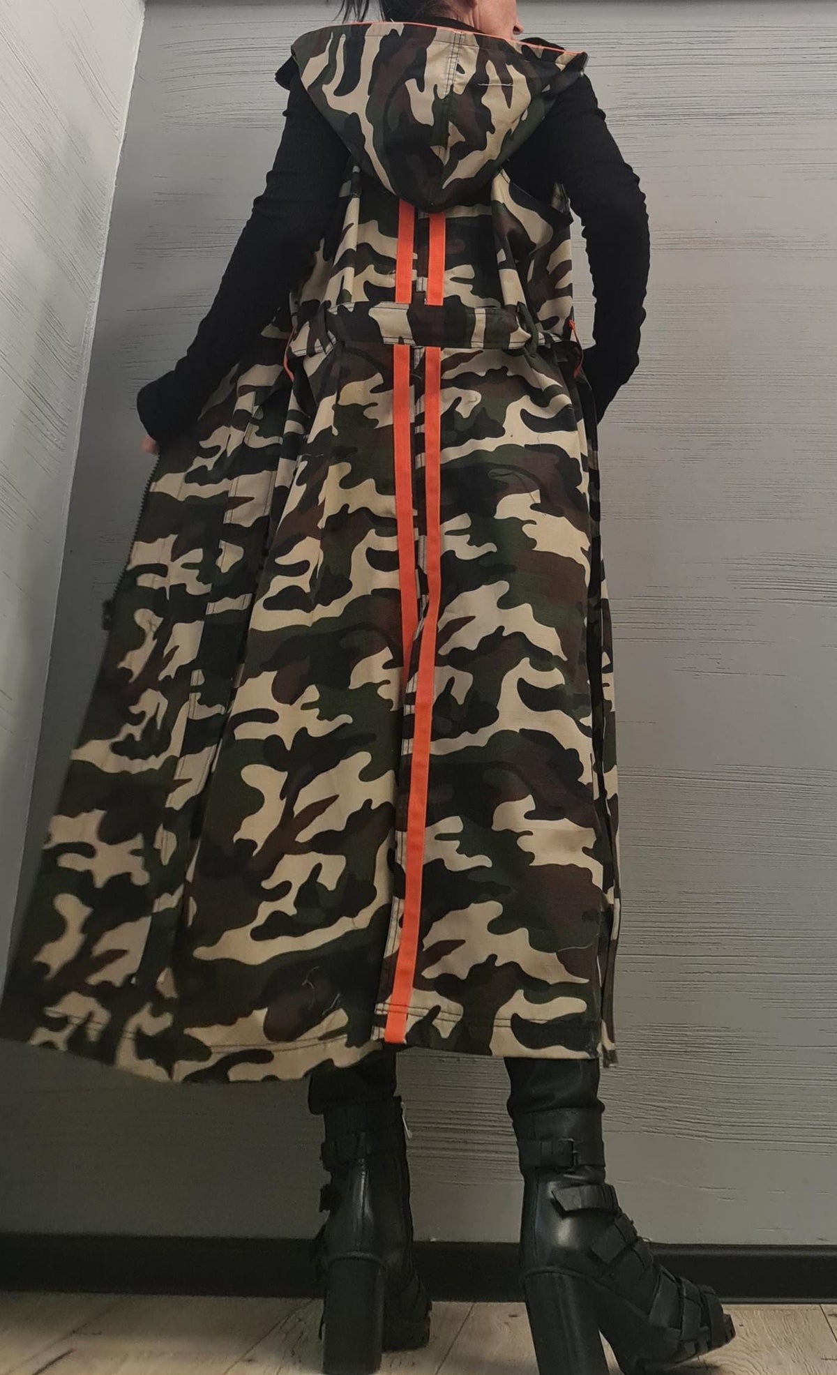 Camouflage Two-Piece Set, Cropped Hooded Jacket, Belted Maxi Vest, Orange Stripes