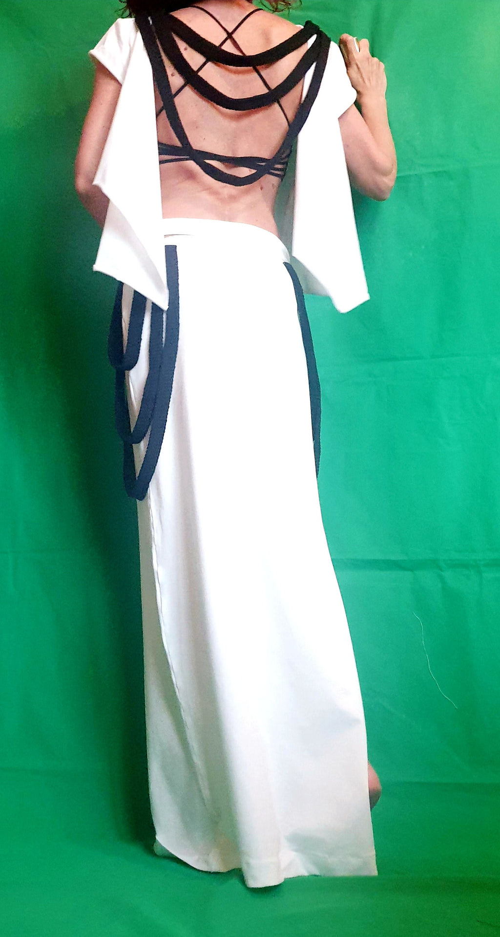 White Black Asymmetrical Open Back Blouse, High Waist Maxi Skirt, Two Piece Co-Ord Set