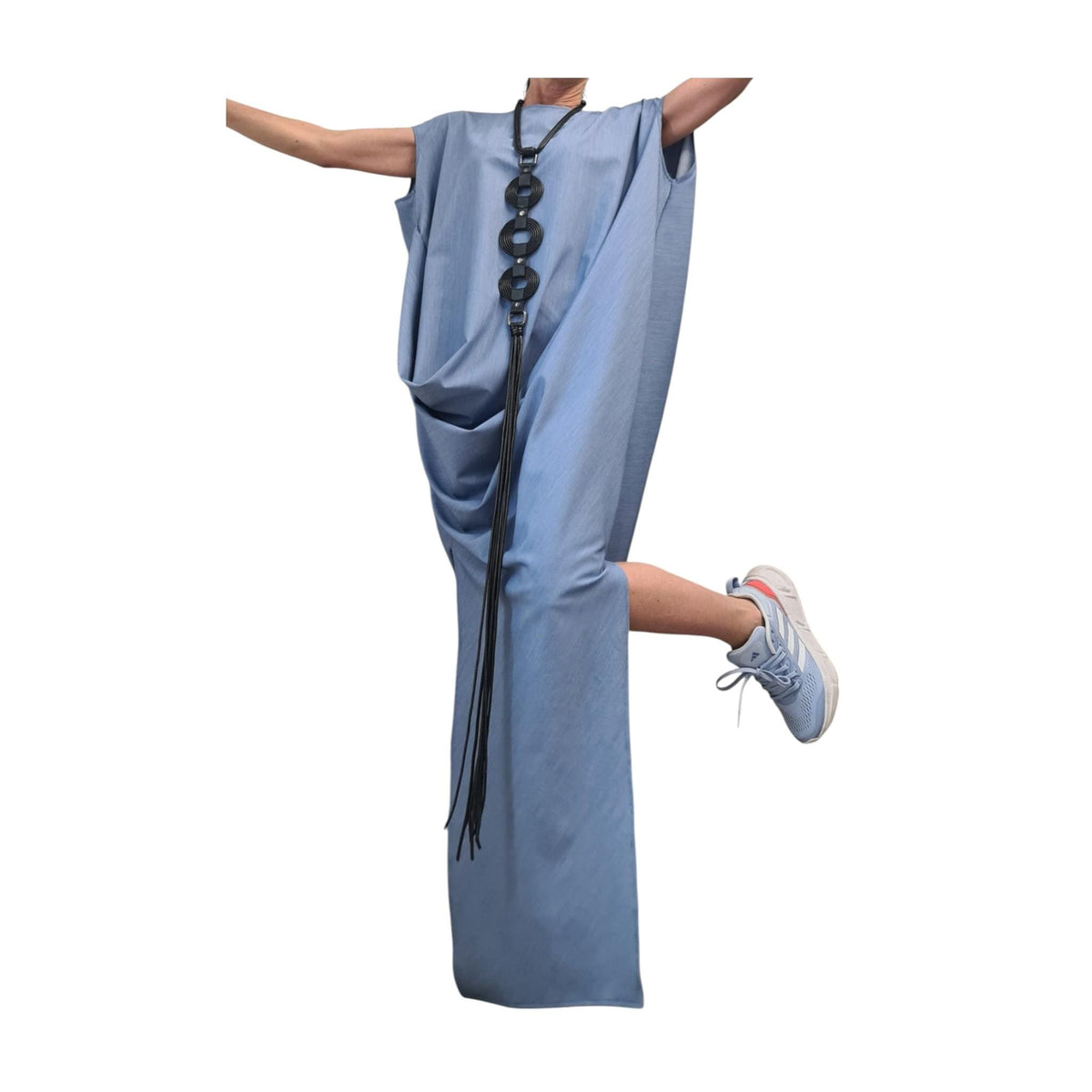 Denim Avant Garde Long Dress, One Shoulder Drape Silhouette, Plus Size kaftan