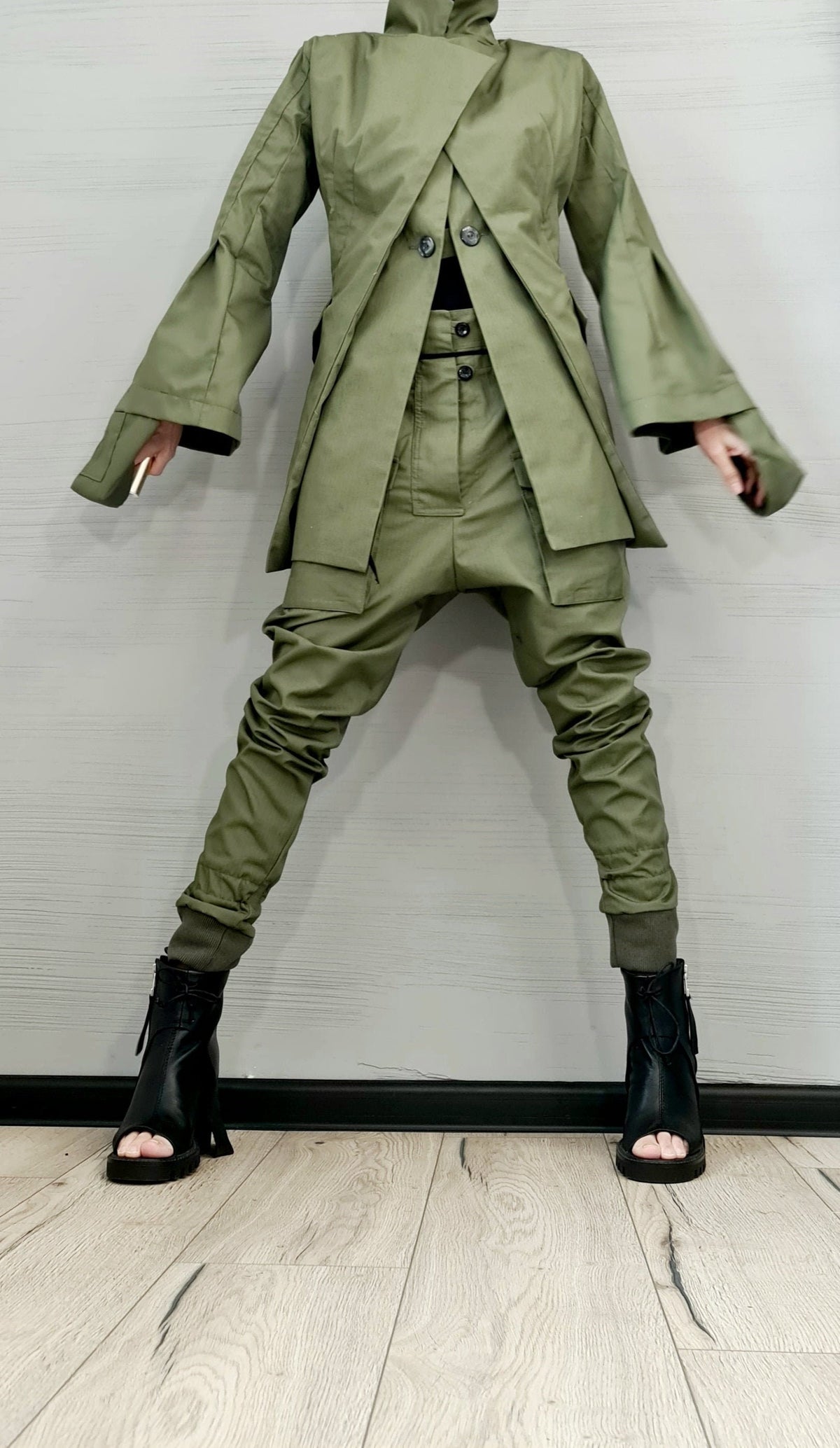 Purple Cotton Cargo Pants, Asymmetrical Deconstructed Tailored Blazer, Bell Sleeves, Two-Piece Co-Ord Set