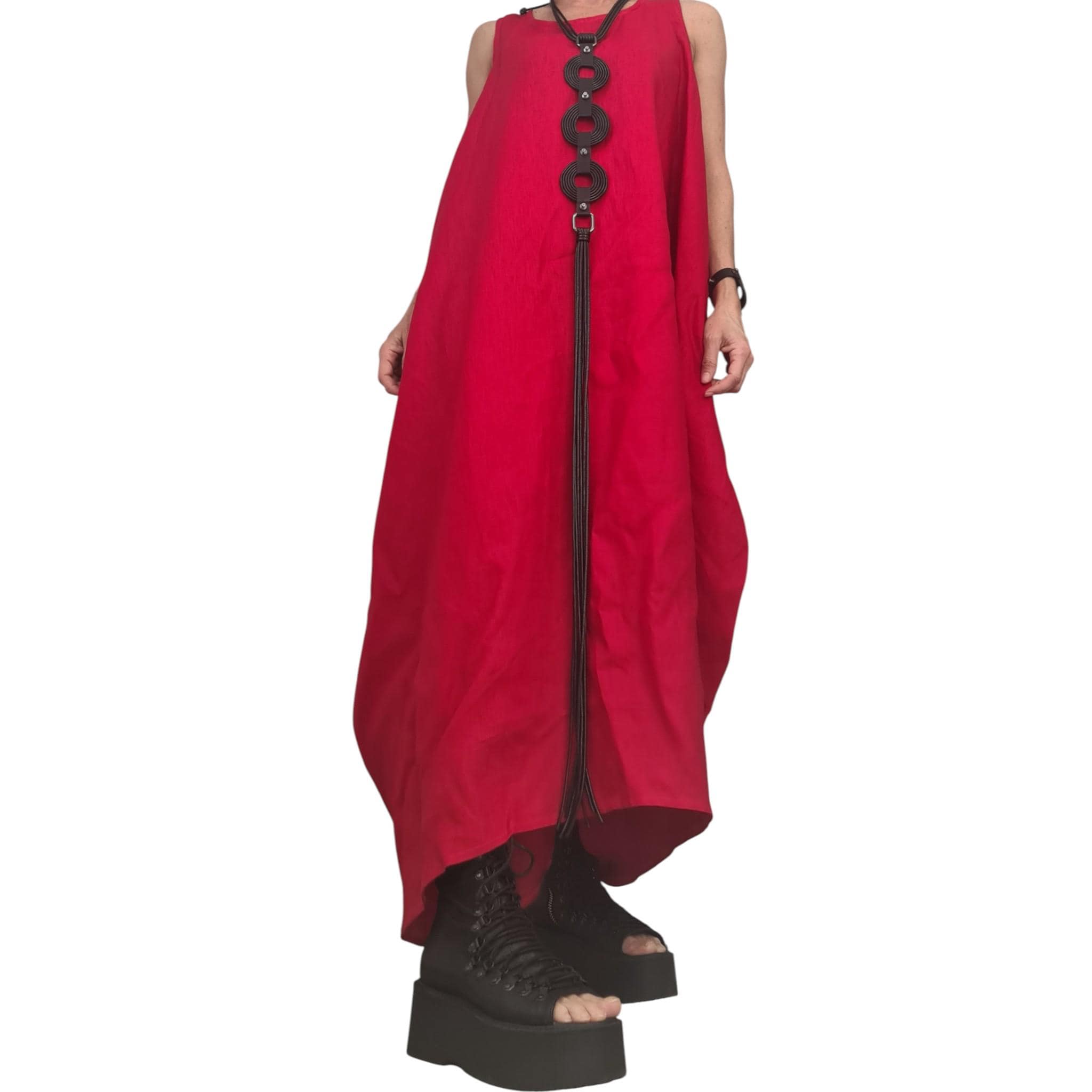 Red Linen Maxi Dress with Corset – Sleeveless Linen Dress