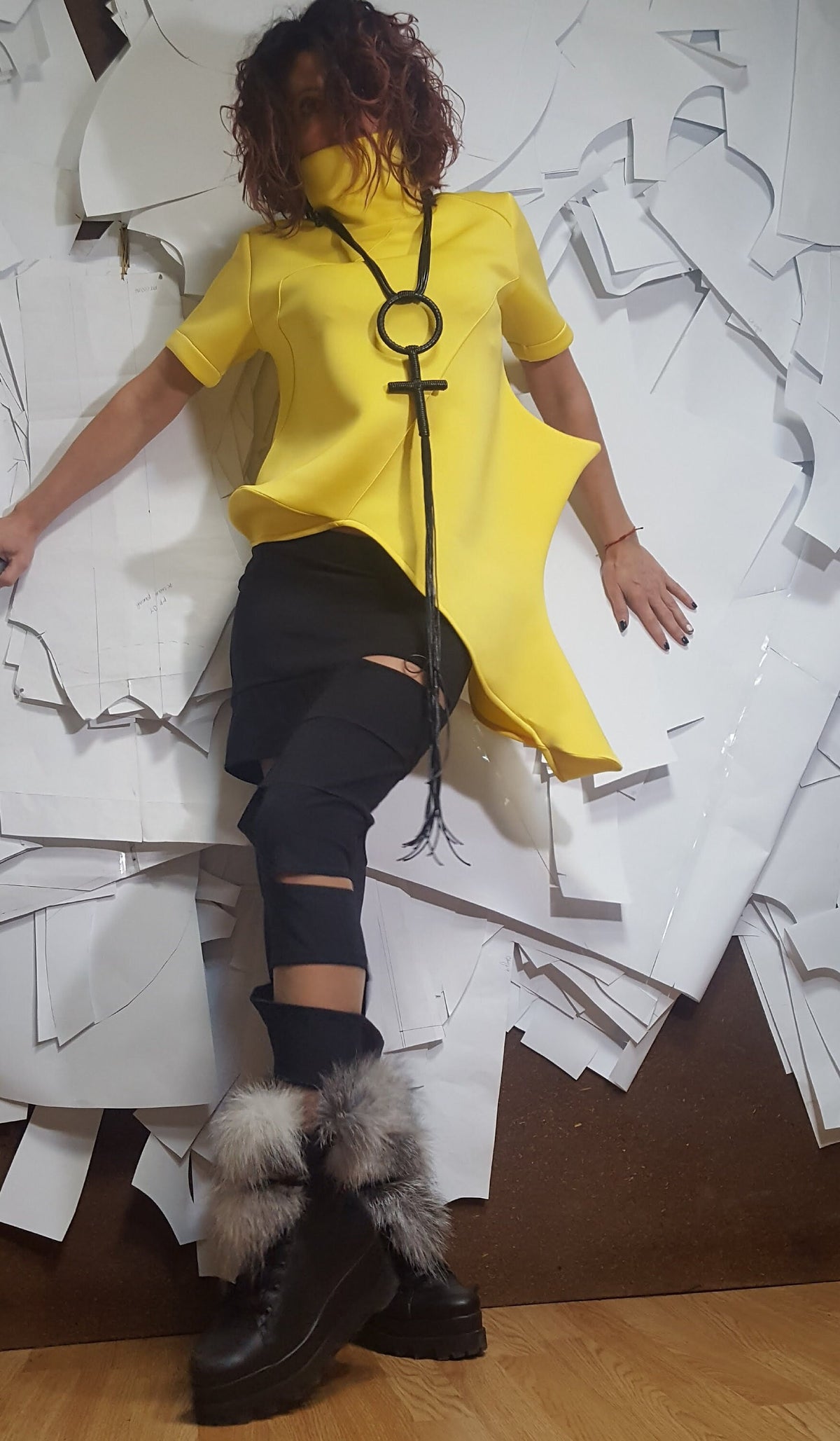 Yellow Neoprene Tunic Top | Asymmetric Sculptural Hem with Short Sleeves | fashion for women | architectural