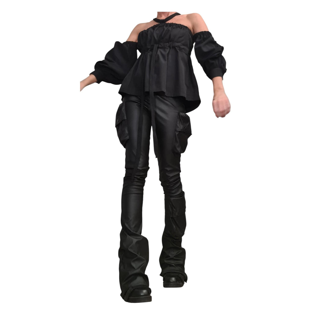 Black Off Shoulder Shirt, Deconstructed Sleeves Top, Avant Garde Black Blouse, Minimalist Loose Tunic