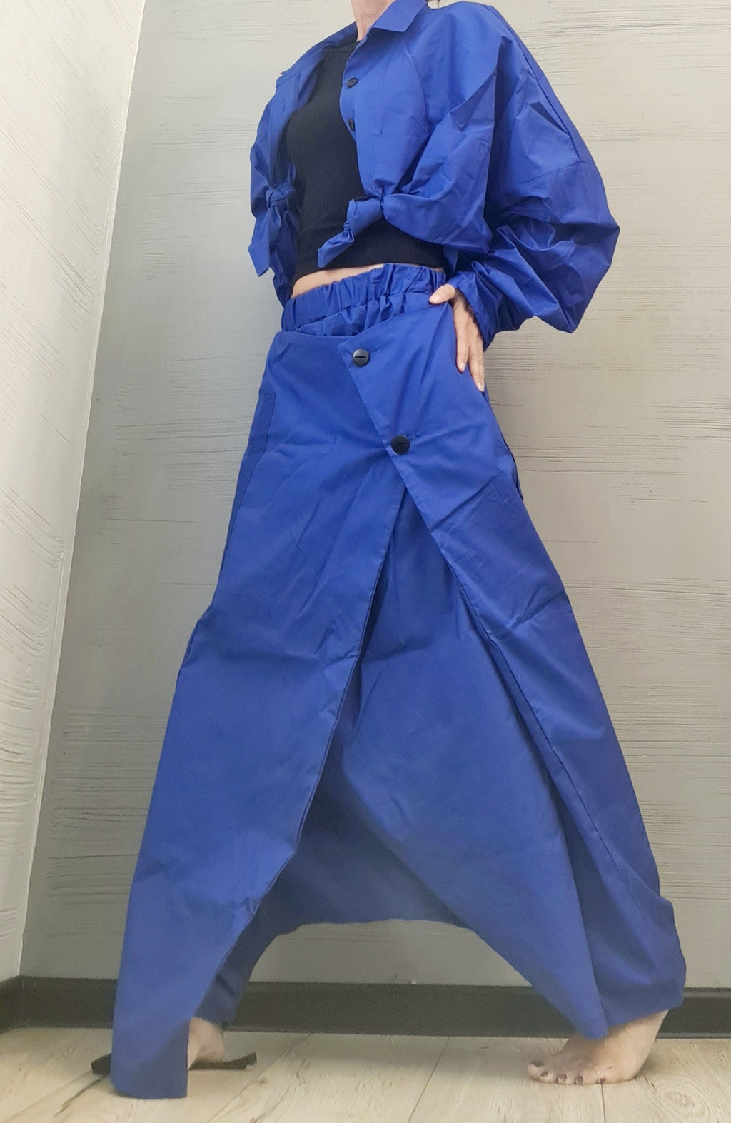 Royal Blue Cotton Harem Skirt Pants, Deep Drop Crotch, Oversized Shirt Co-Ord Set