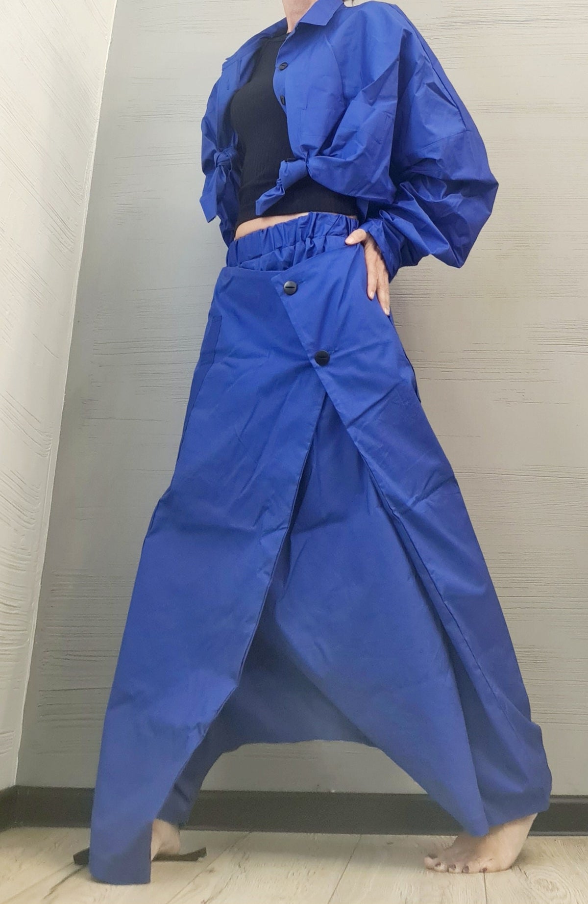 Royal Blue Cotton Harem Skirt Pants, Deep Drop Crotch, Oversized Shirt Co-Ord Set