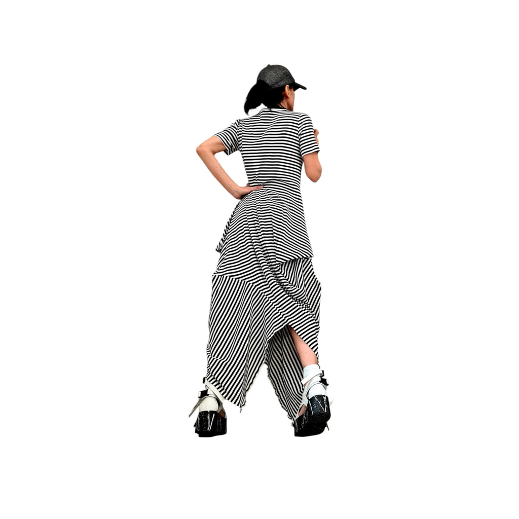 Striped Cotton Dress, French Terry Asymmetric Dress High Low Hem, Oversized Avant Garde Fashion