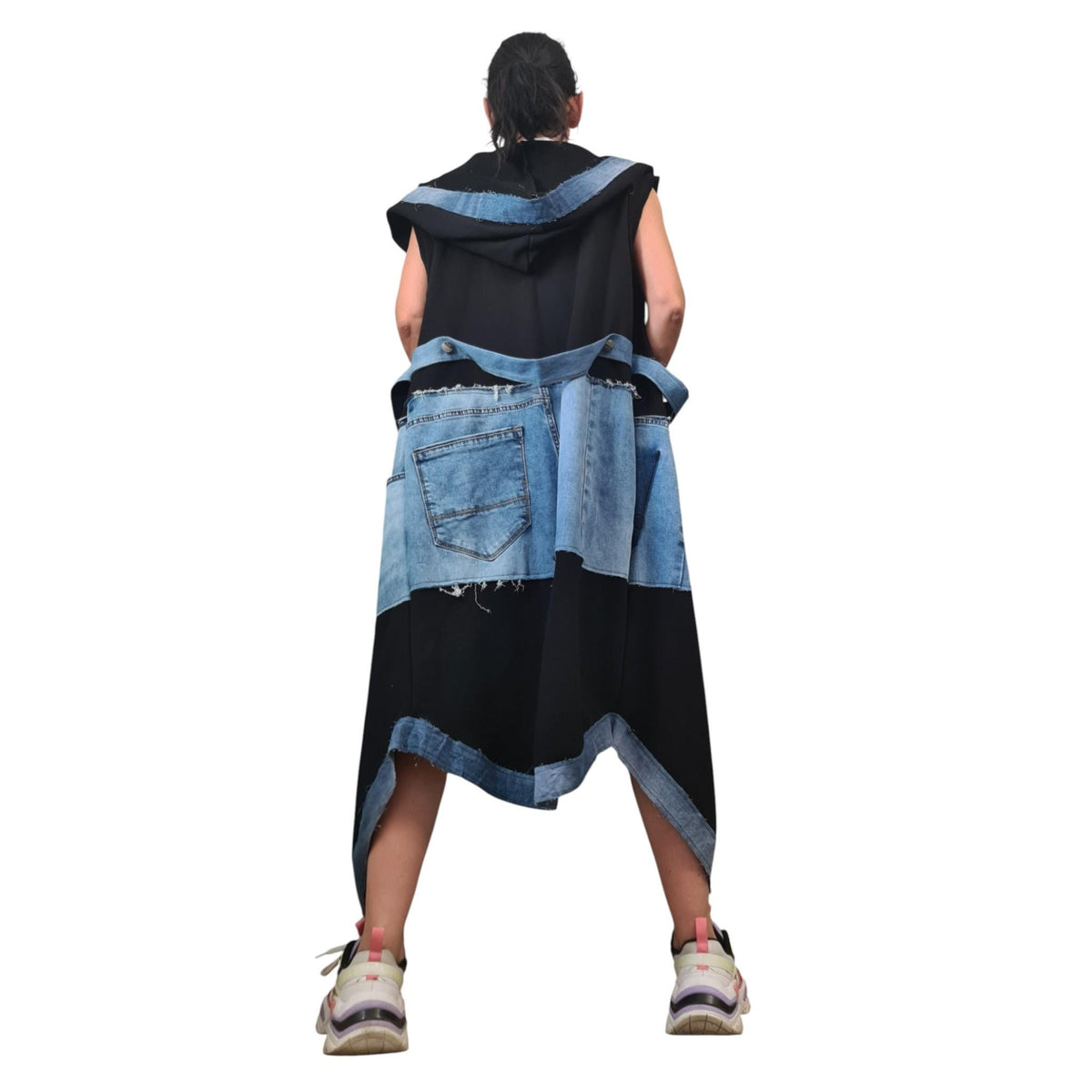 Gothic Denim Cotton Asymmetric Long Vest, Extravagant Maxi Style