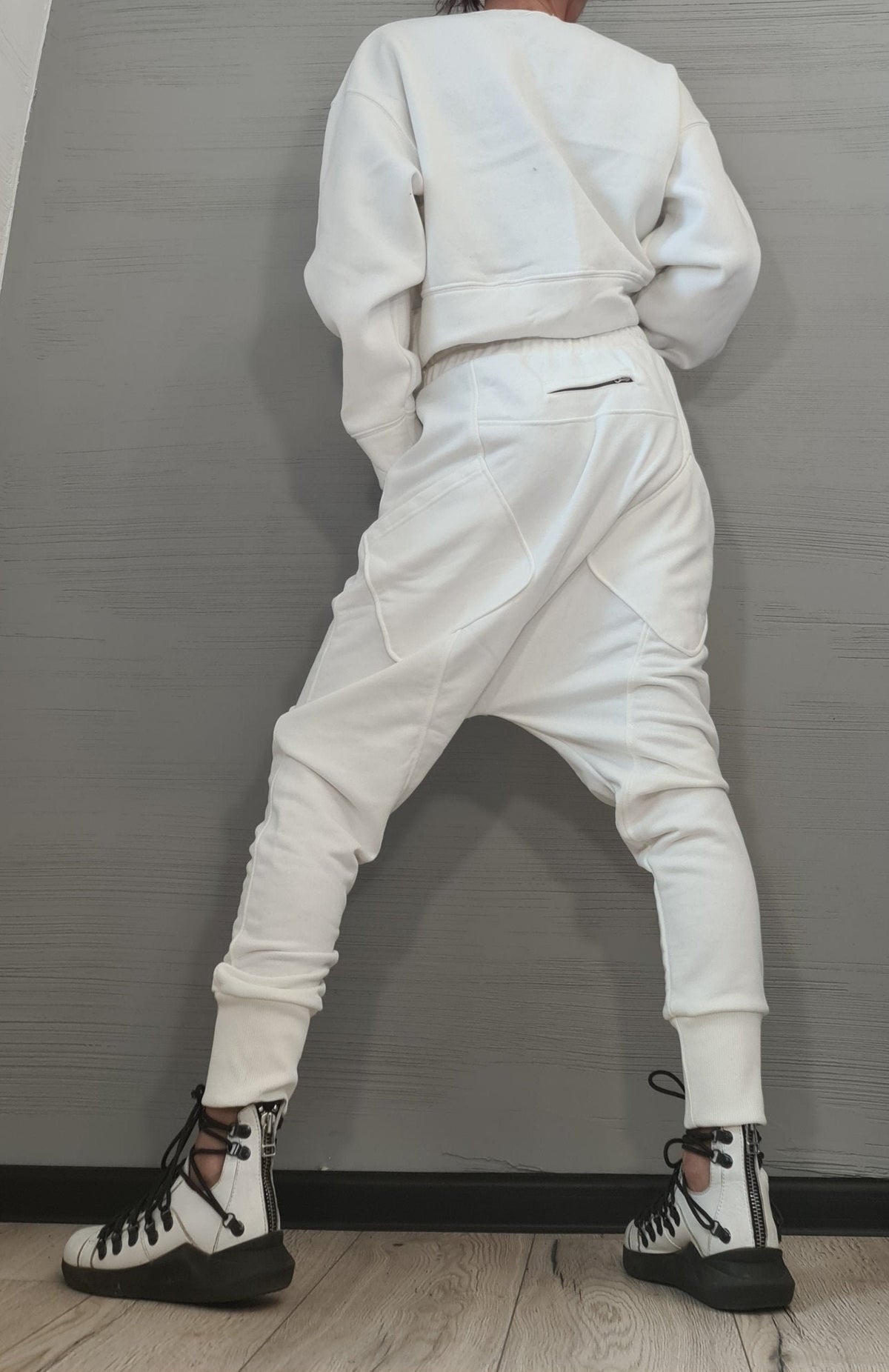 White Cotton Drop Crotch Harem Pants, French Terry Blouse Set