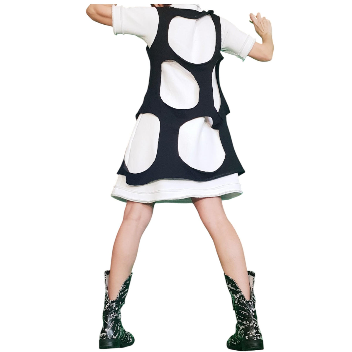 White Asymmetric Dress | Black Cut-Out Overlay Top | women’s clothing | avant garde