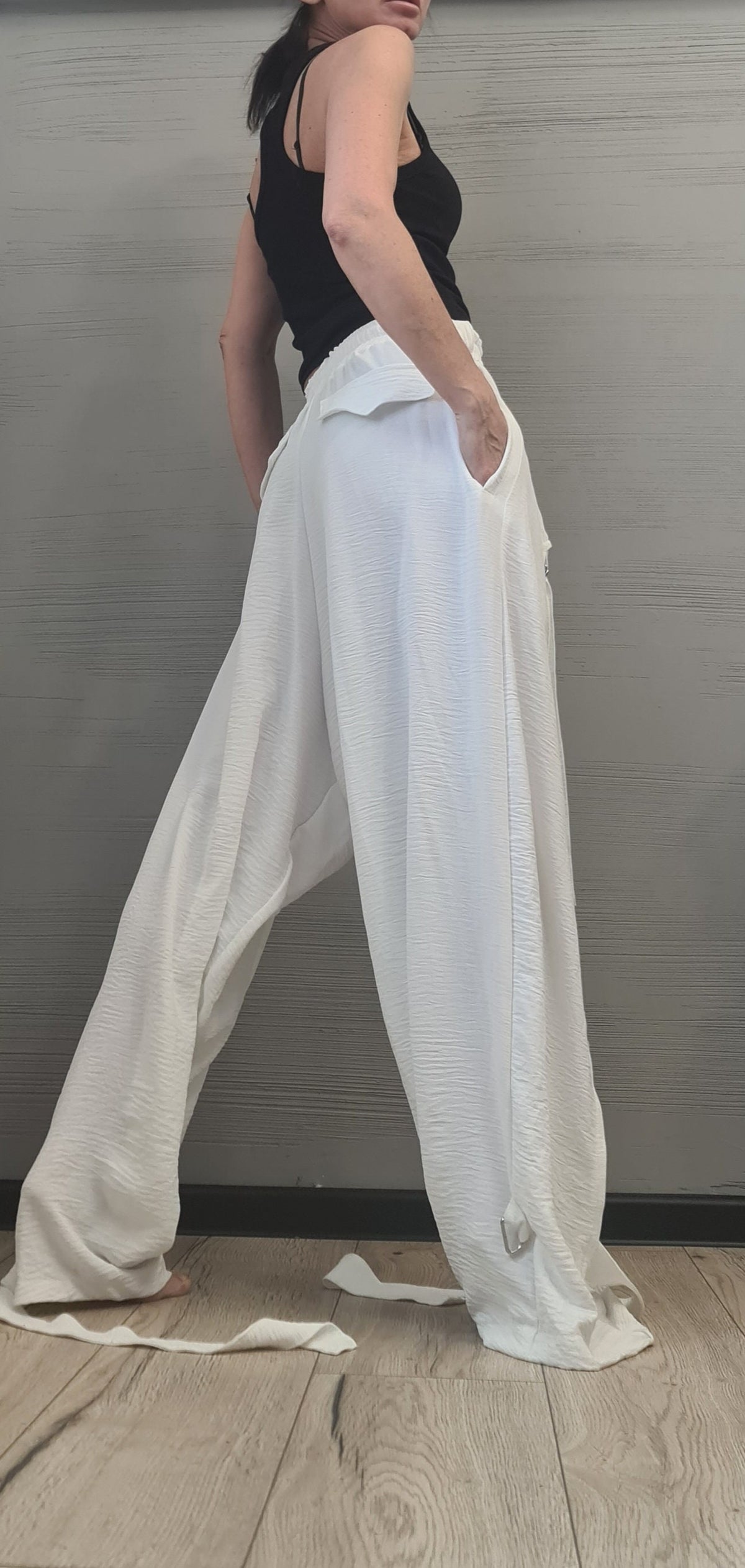 Beige Harem Trousers, Strap and Ring Detail, Drop Crotch