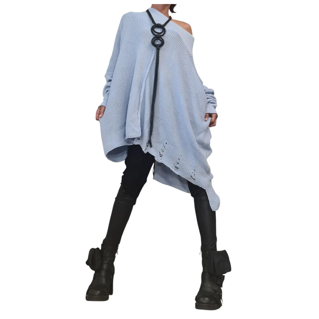 Baby Blue Asymmetrical Knitted Tunic, Oversized Long Sleeve Sweater, Plus Size Top