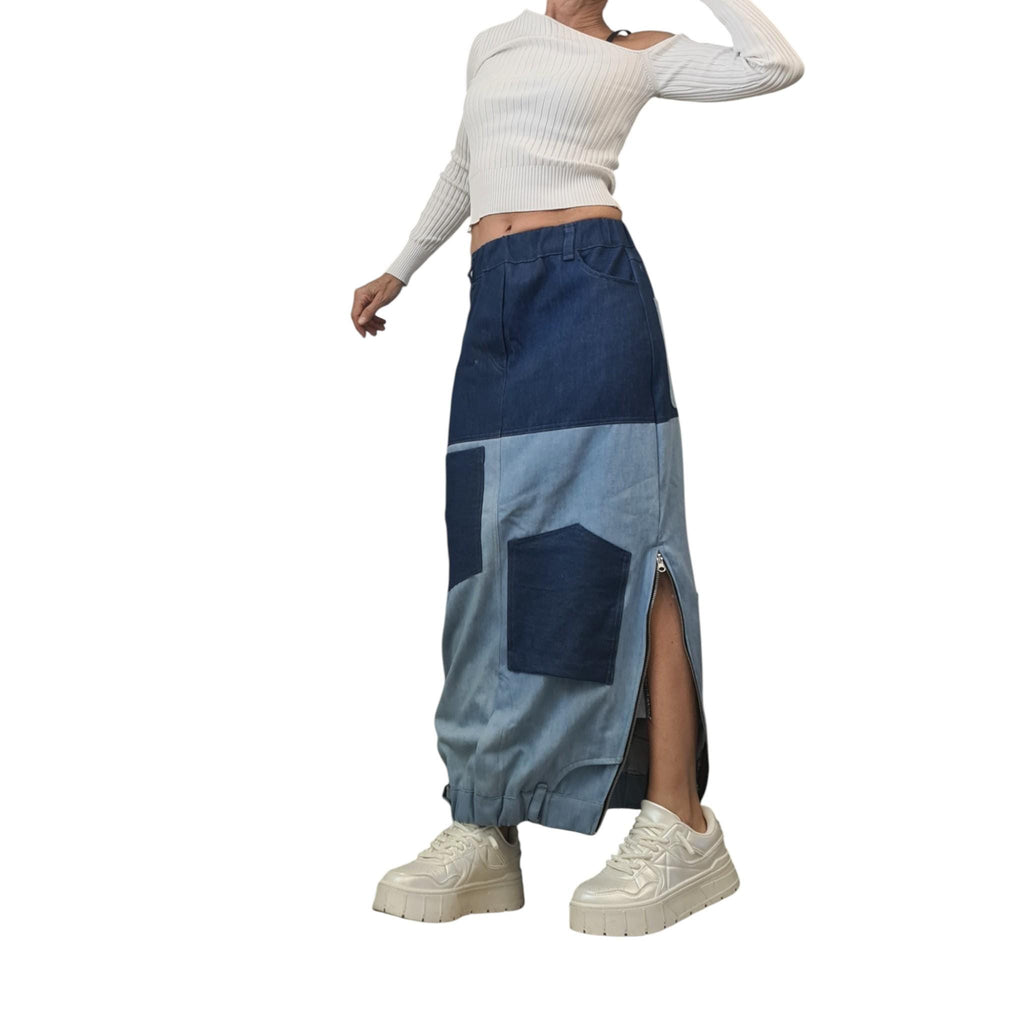 Reversible Two-Tone Denim Maxi Skirt | Handmade Patchwork Skirt, Women’s Clothing
