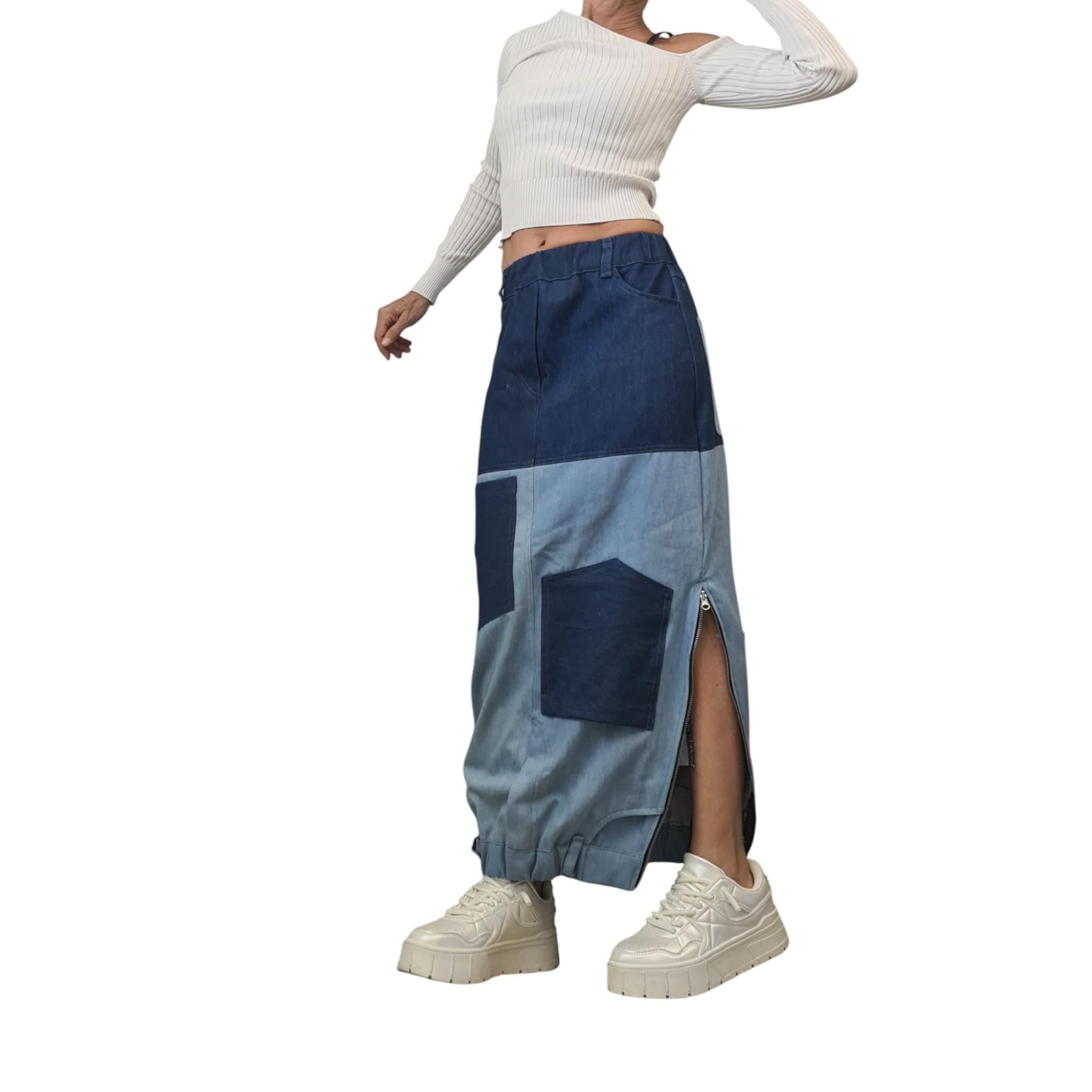 Reversible Two-Tone Denim Maxi Skirt | Handmade Patchwork Skirt, Women’s Clothing