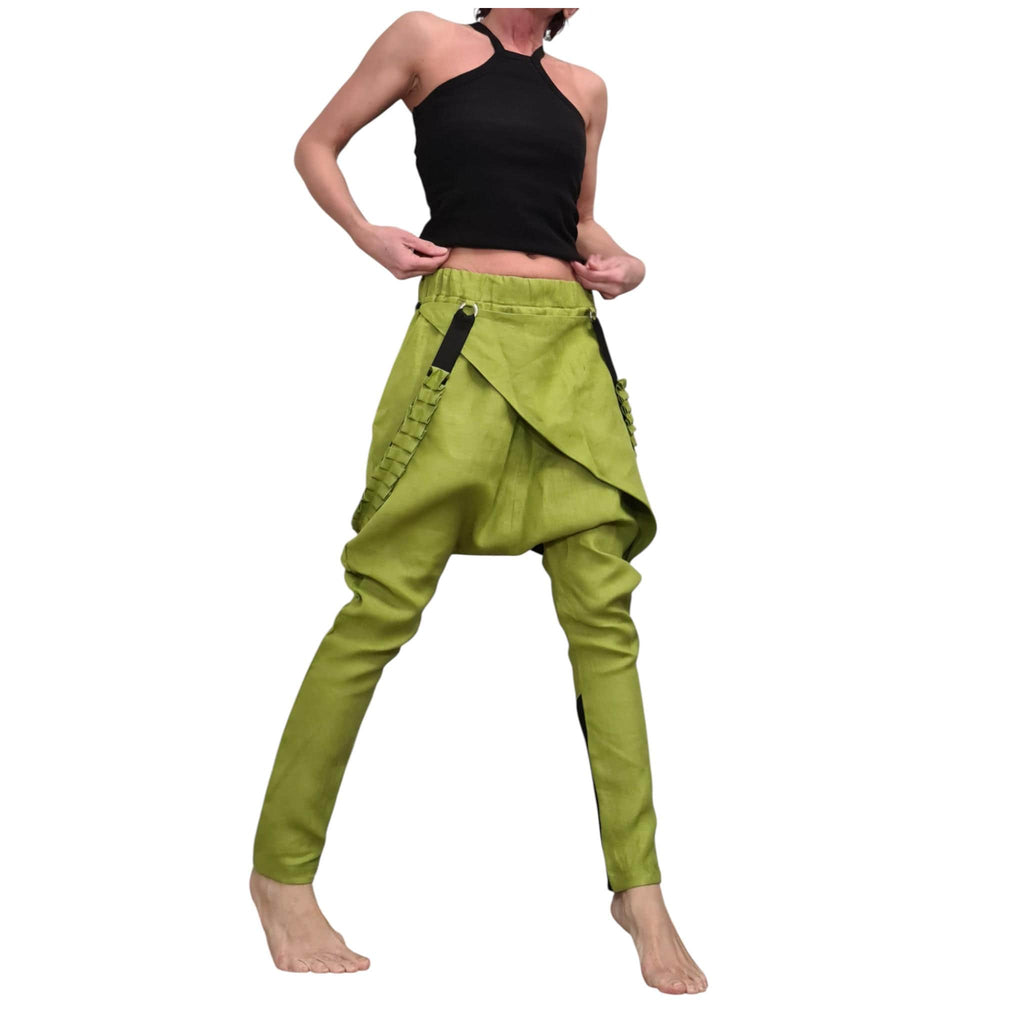 Pistachio Green Linen Pants for Women, Statement Drop Crotch Trousers with Straps, Handmade Clothing
