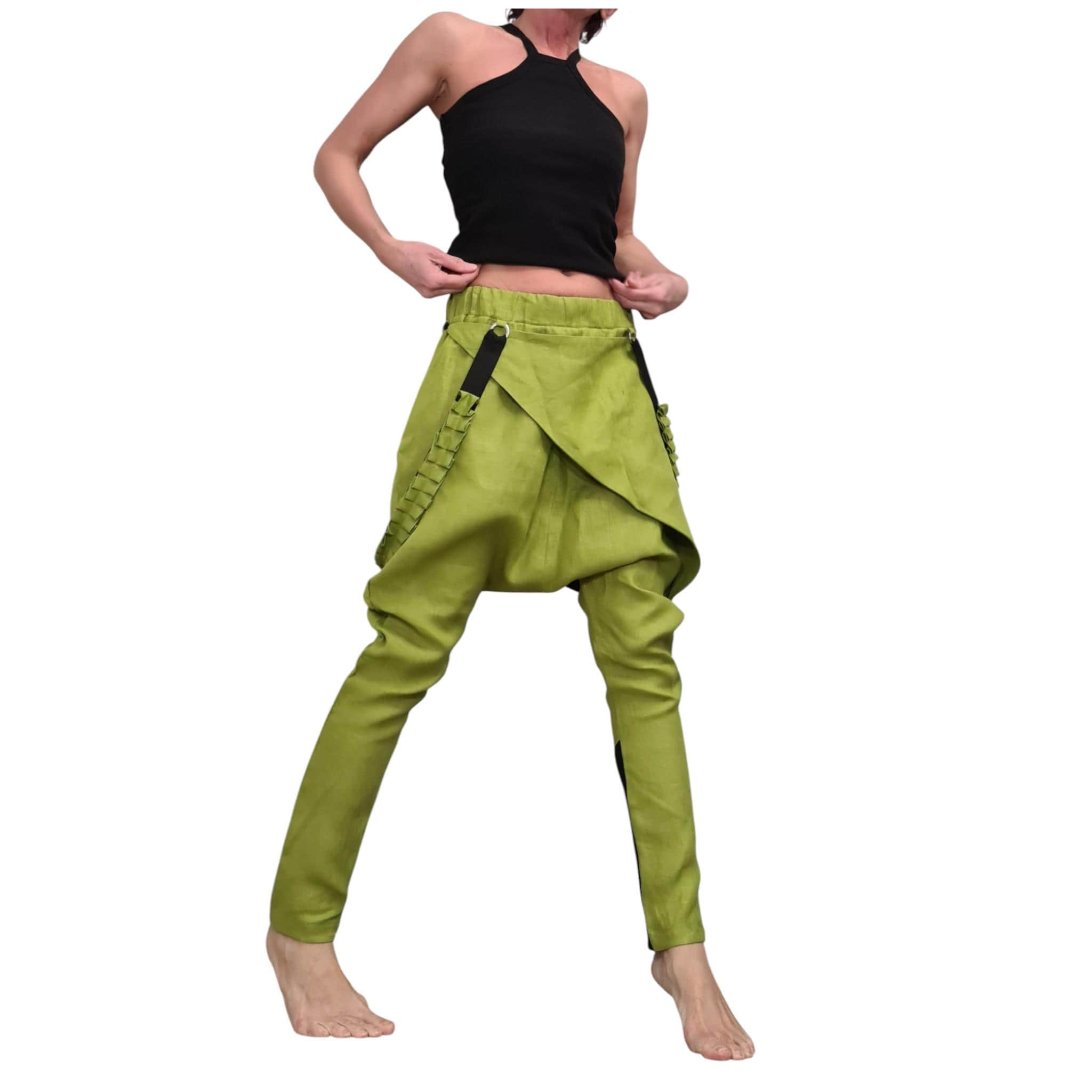 Pistachio Green Linen Pants for Women, Statement Drop Crotch Trousers with Straps, Handmade Clothing
