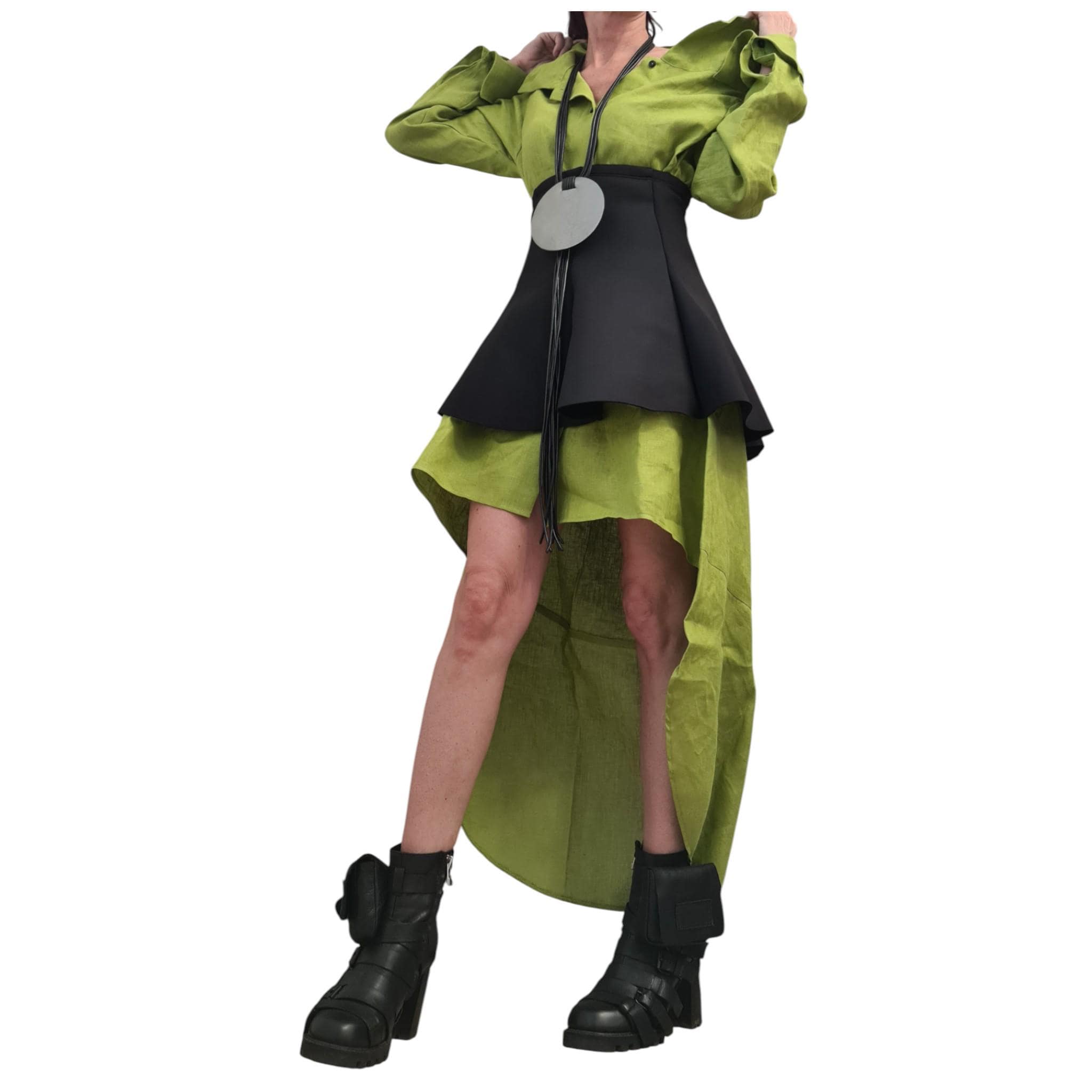 Pistachio Linen Shirt Dress with Neoprene Corset, High Low Hem, Asymmetric Handmade Tunic Dress