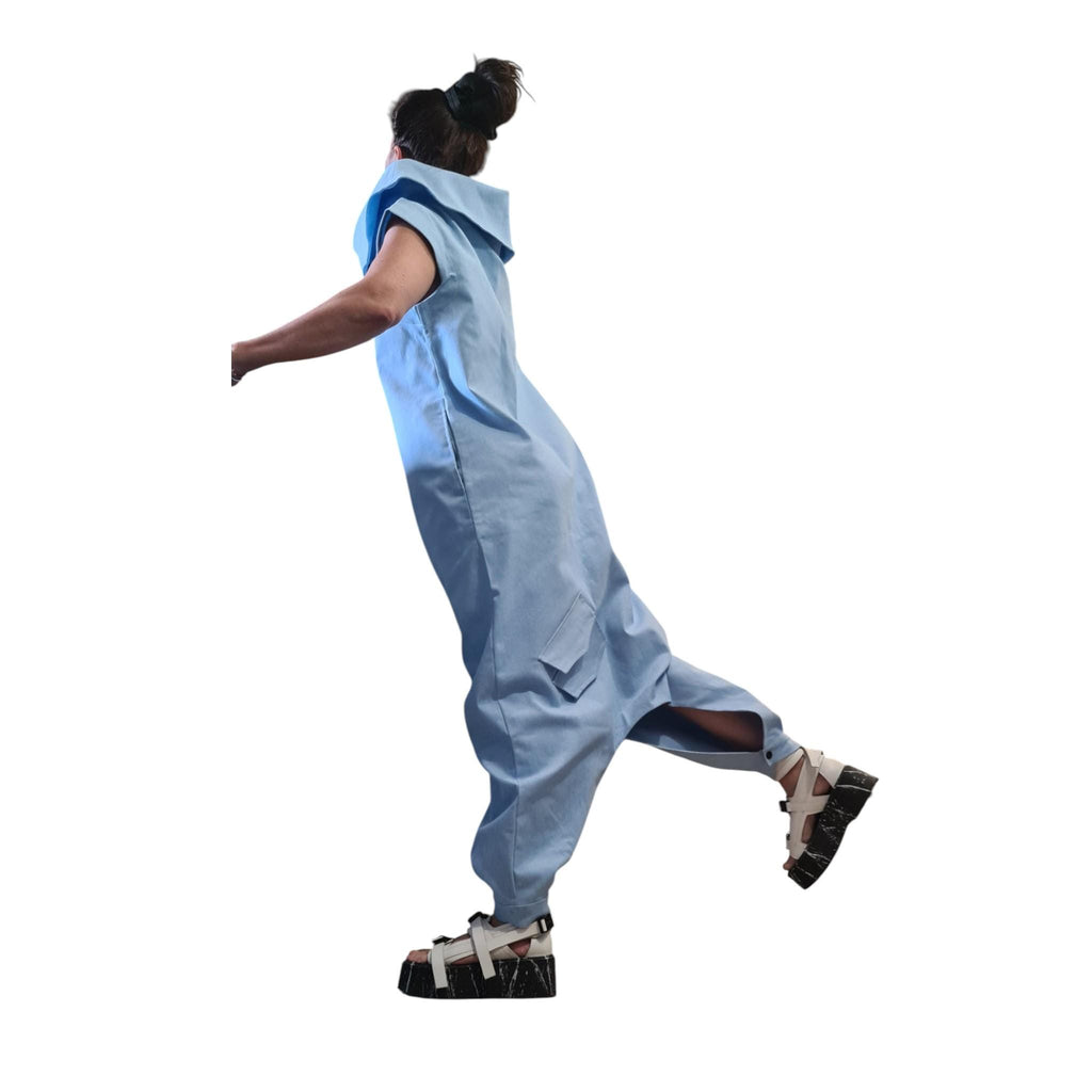 Light Blue Denim Jumpsuit Dress for Women, Asymmetric Harem Overall, Wide Leg Outfit