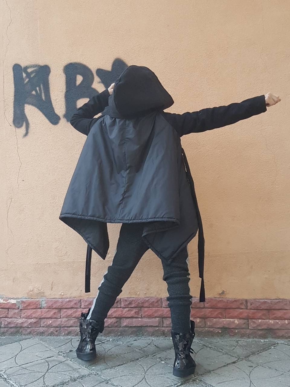 Black Hooded Puffer Jacket, Plus Size Asymmetric Winter Coat, Wool Details