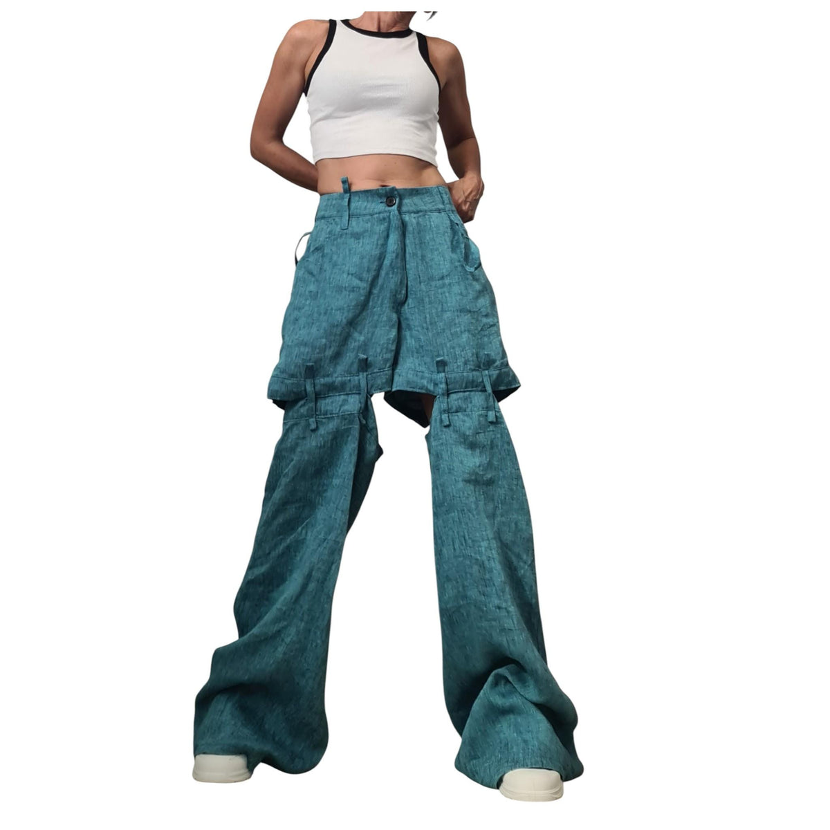 Turquoise Linen Pants for Women, Boho Drop Crotch Trousers, Layered Summer Bottoms