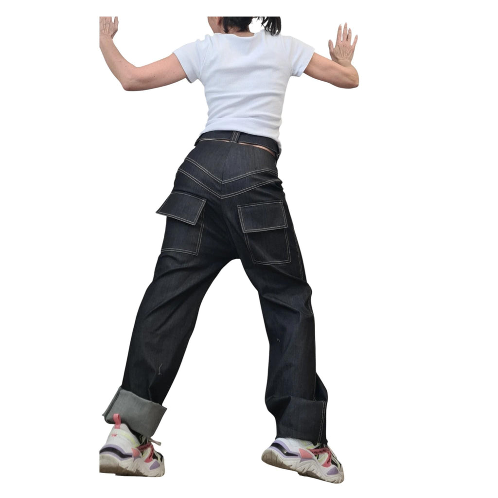 Dark Blue High-Waist Straight-Leg Denim Pants, Avant-Garde Streetwear Trousers