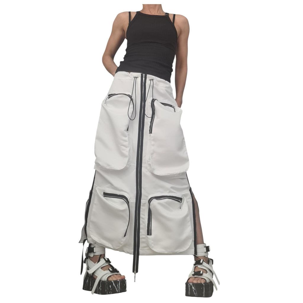 White Cotton Avant Garde Skirt, Deconstructed Maxi Skirt with Pockets