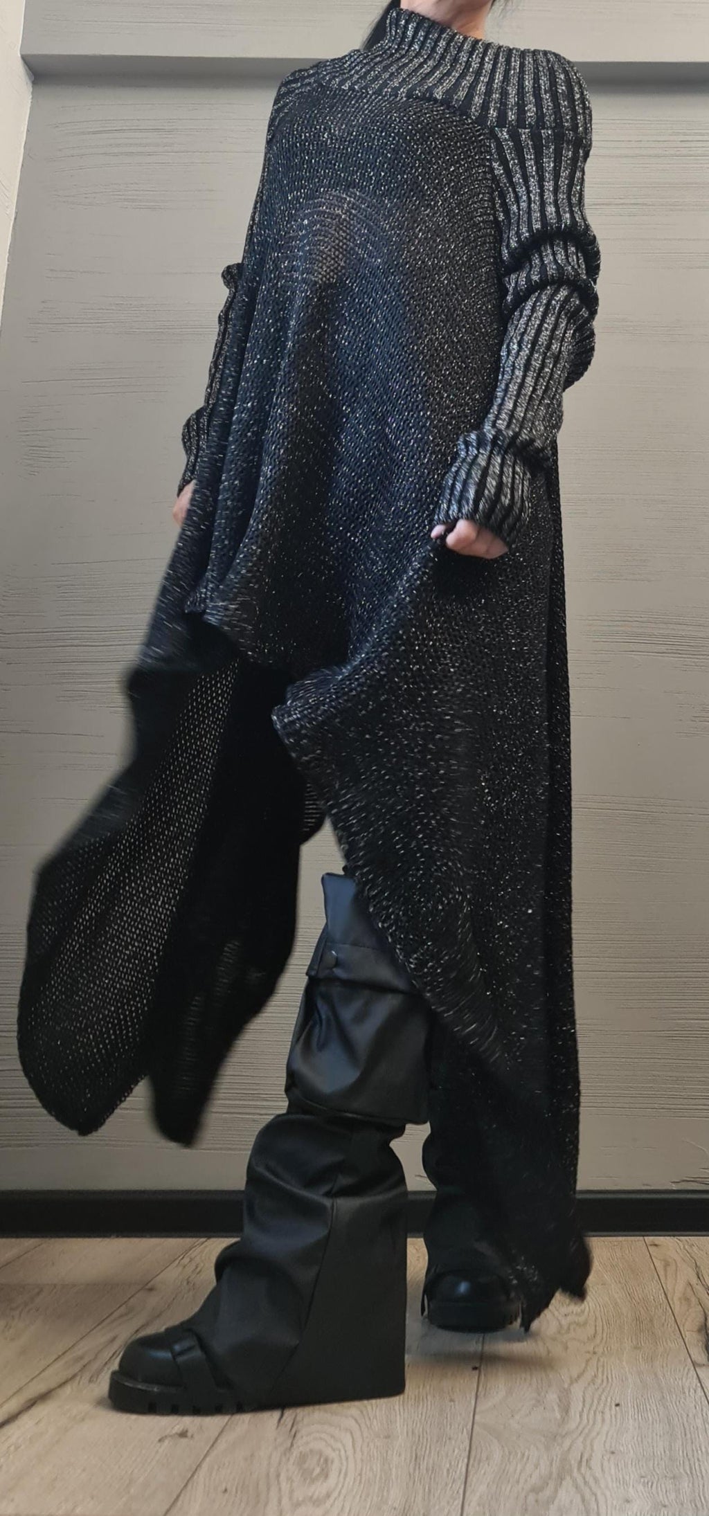 Black Glossy Knitted Top, Open Shoulder Blouse, Oversized Long Sleeve Sweater