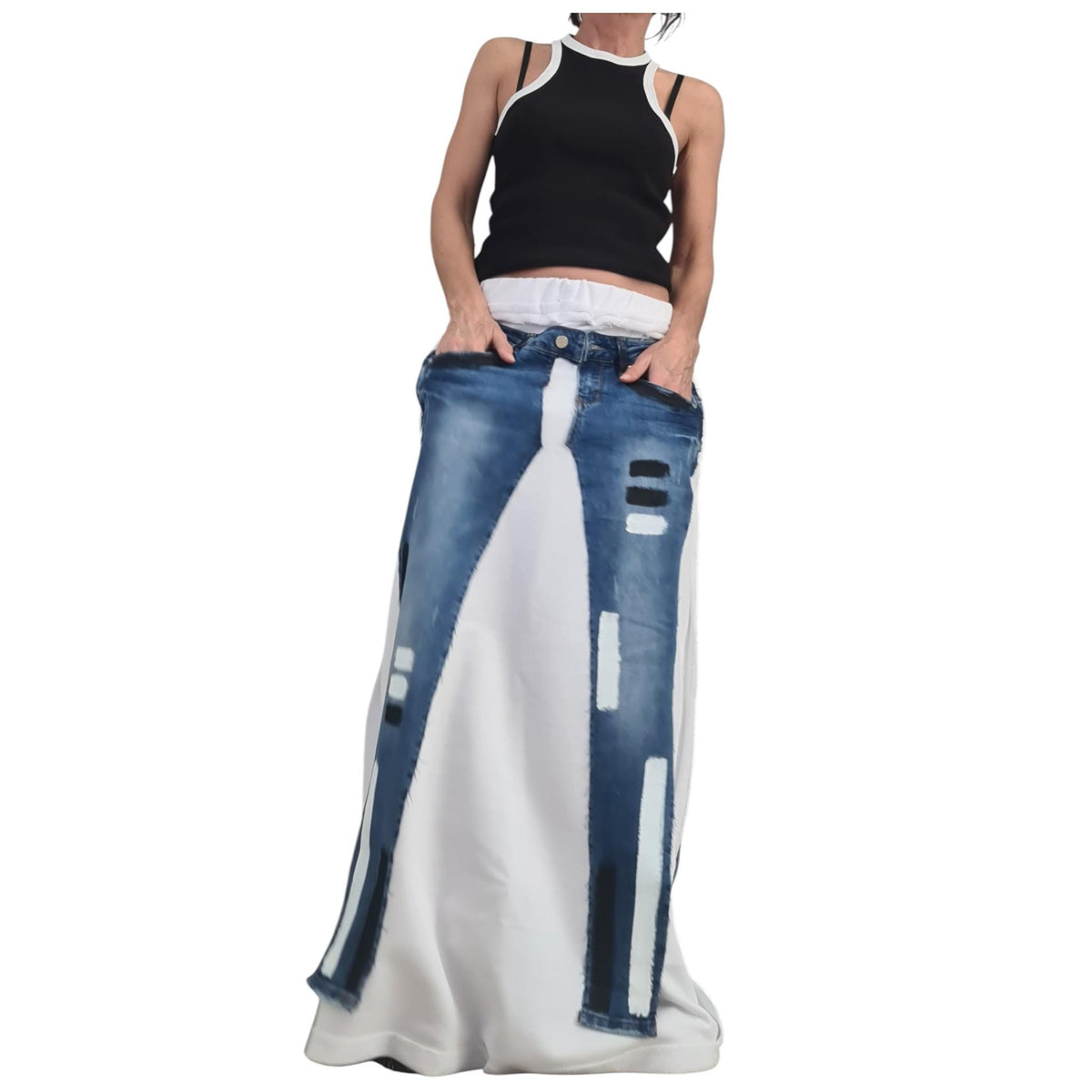 Avant-Garde White Cotton Denim Maxi Skirt, Plus Size Asymmetrical Skirt, Raw Seams, Deconstructed Silhouette