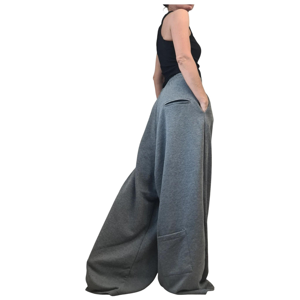 Grey French Terry Pants, Drop Crotch Wide Leg Trousers, Plus Size