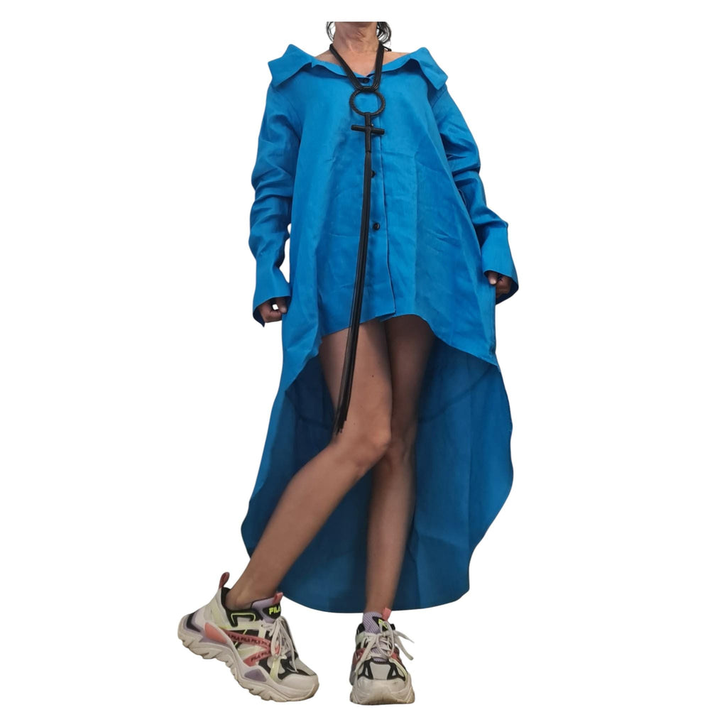 Turquoise Linen Shirt Tunic, High Low Beach Shirt Dress, Long Back Summer Top