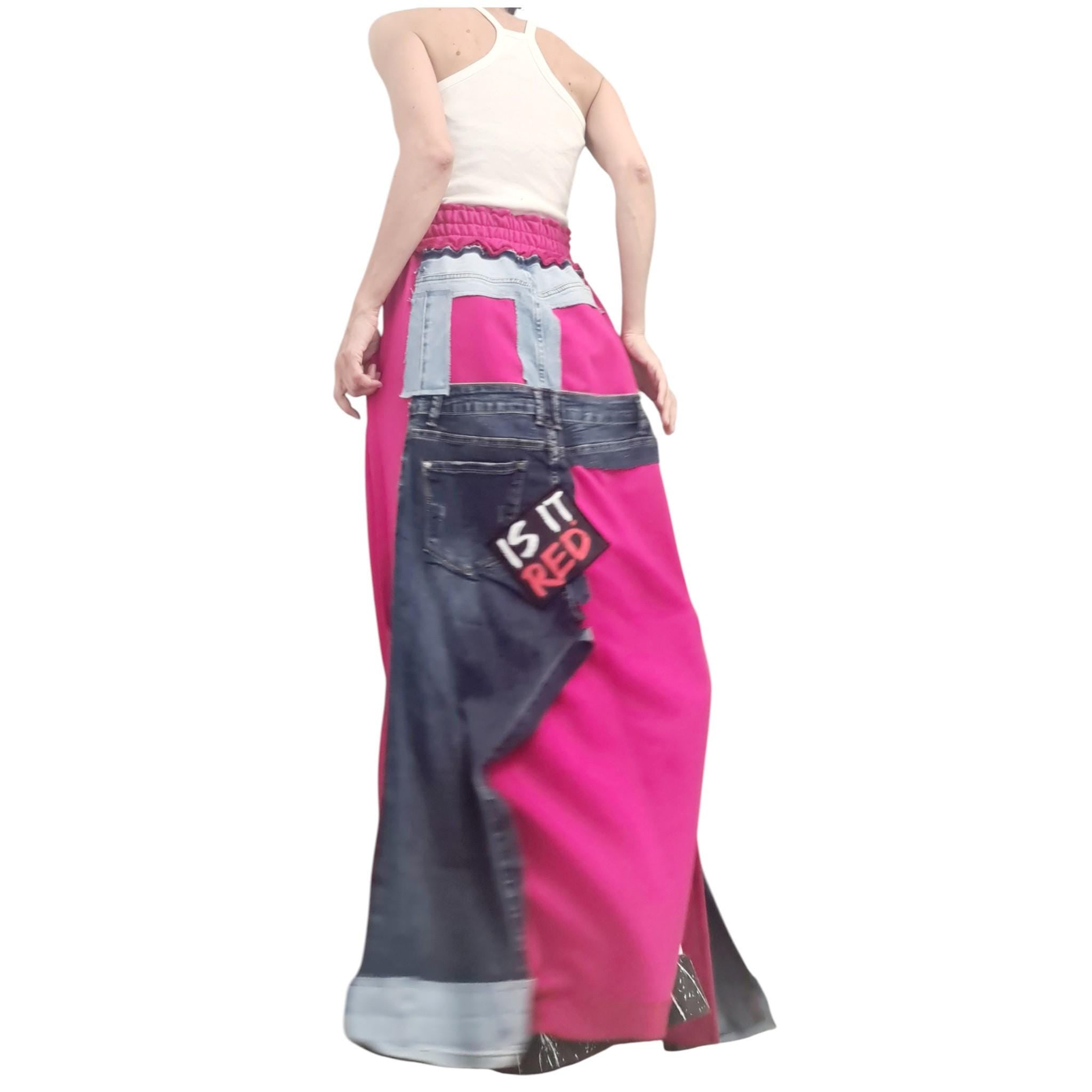 White Maxi Skirt, Cotton with Denim Details, Asymmetric Design with External Seams