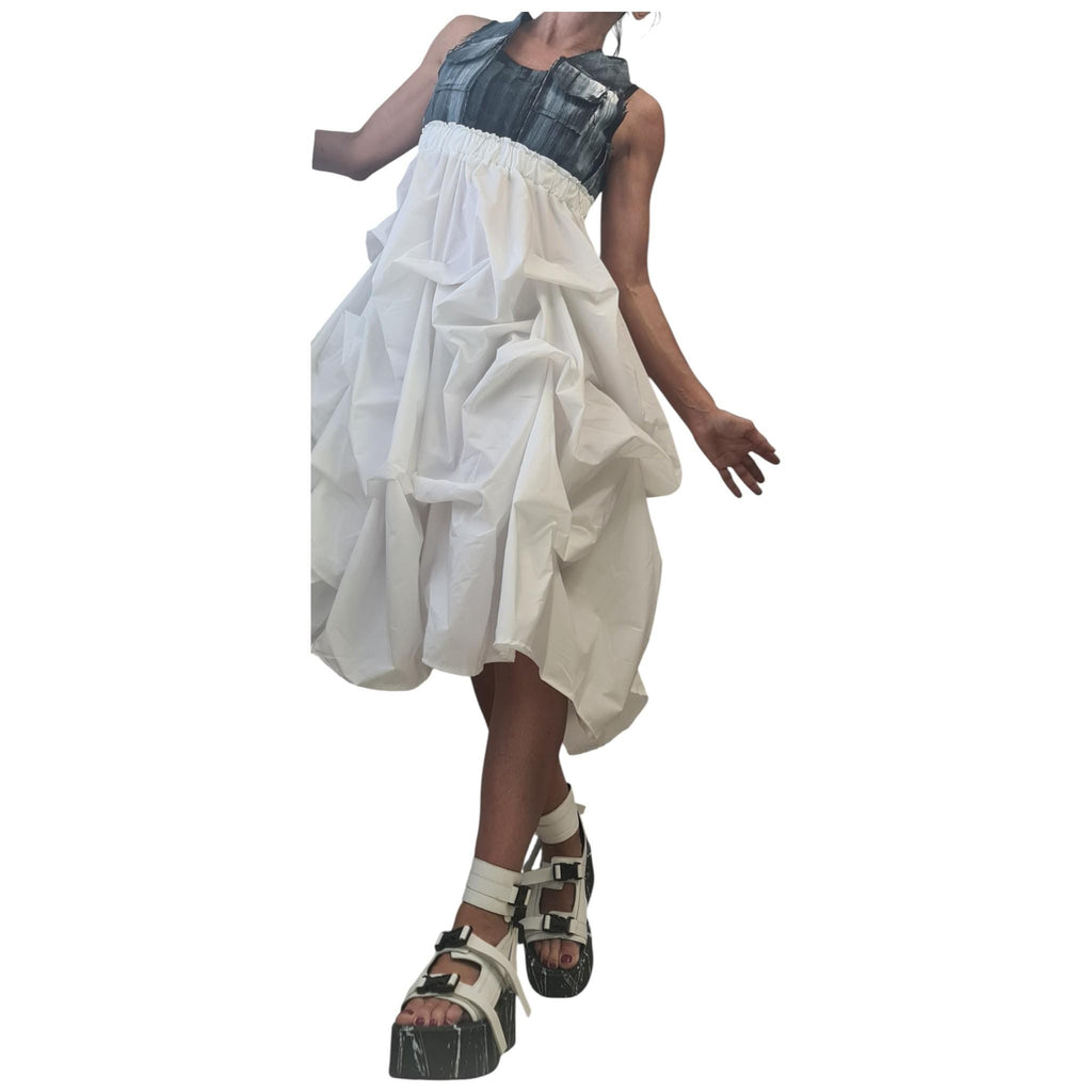 Open Back Maxi Dress, Denim Top Black Bottom Dress, Oversized Avant Garde Clothing